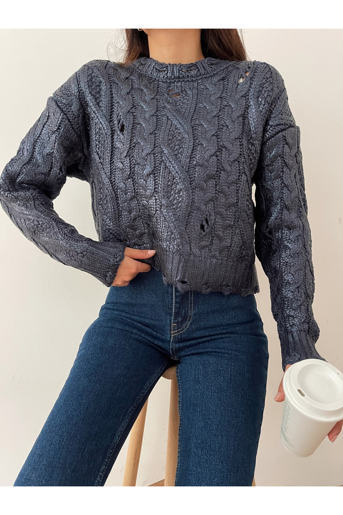 Laluvia Indigo Foil Print Ripped Detailed Sweater