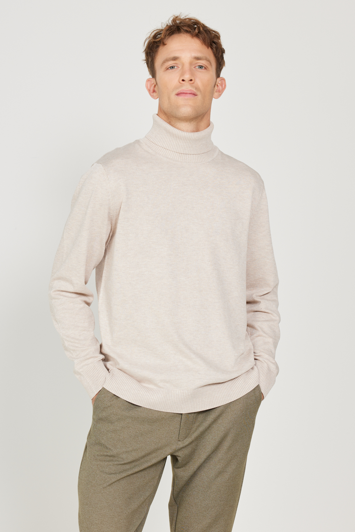 ALTINYILDIZ CLASSICS Men's Beige Melange Standard Fit Regular Fit Full Turtleneck Knitwear Sweater