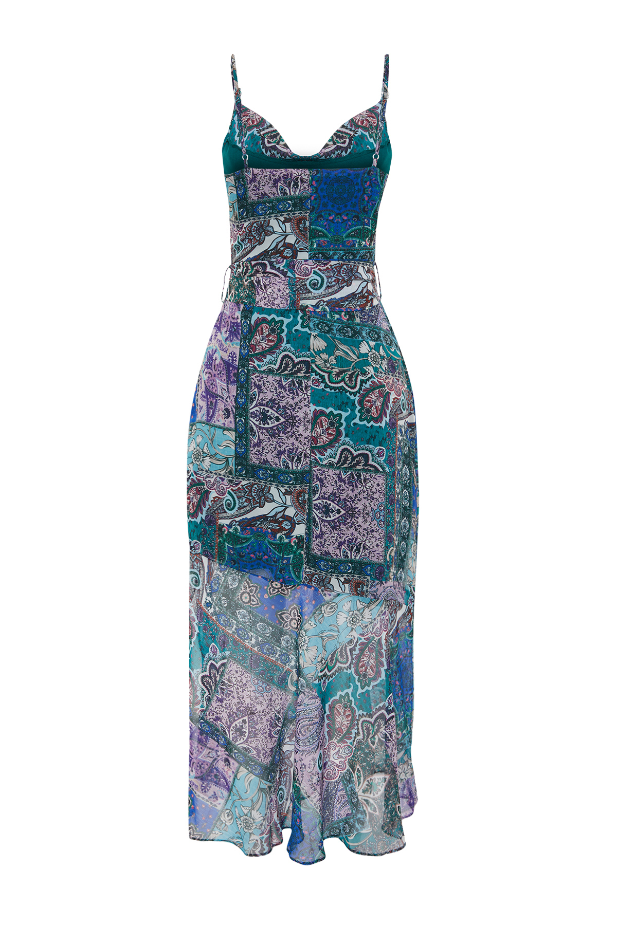 Trendyol Lilac Ethnic Patterned Belted A-Line Tassel Detailed Maxi Lined Chiffon Woven Dress