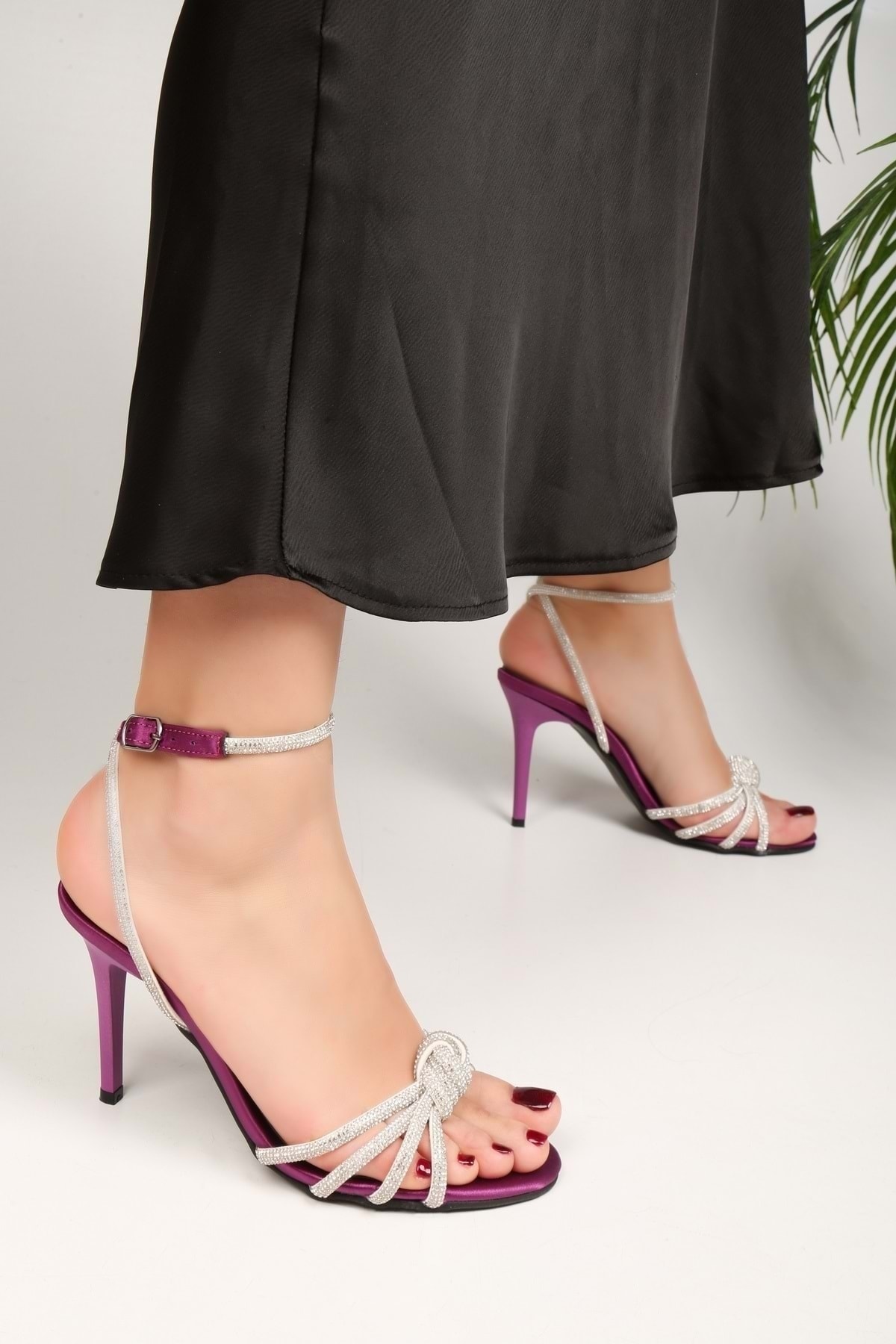 Shoeberry Women's Yord Purple Satin Stone Heeled Shoes