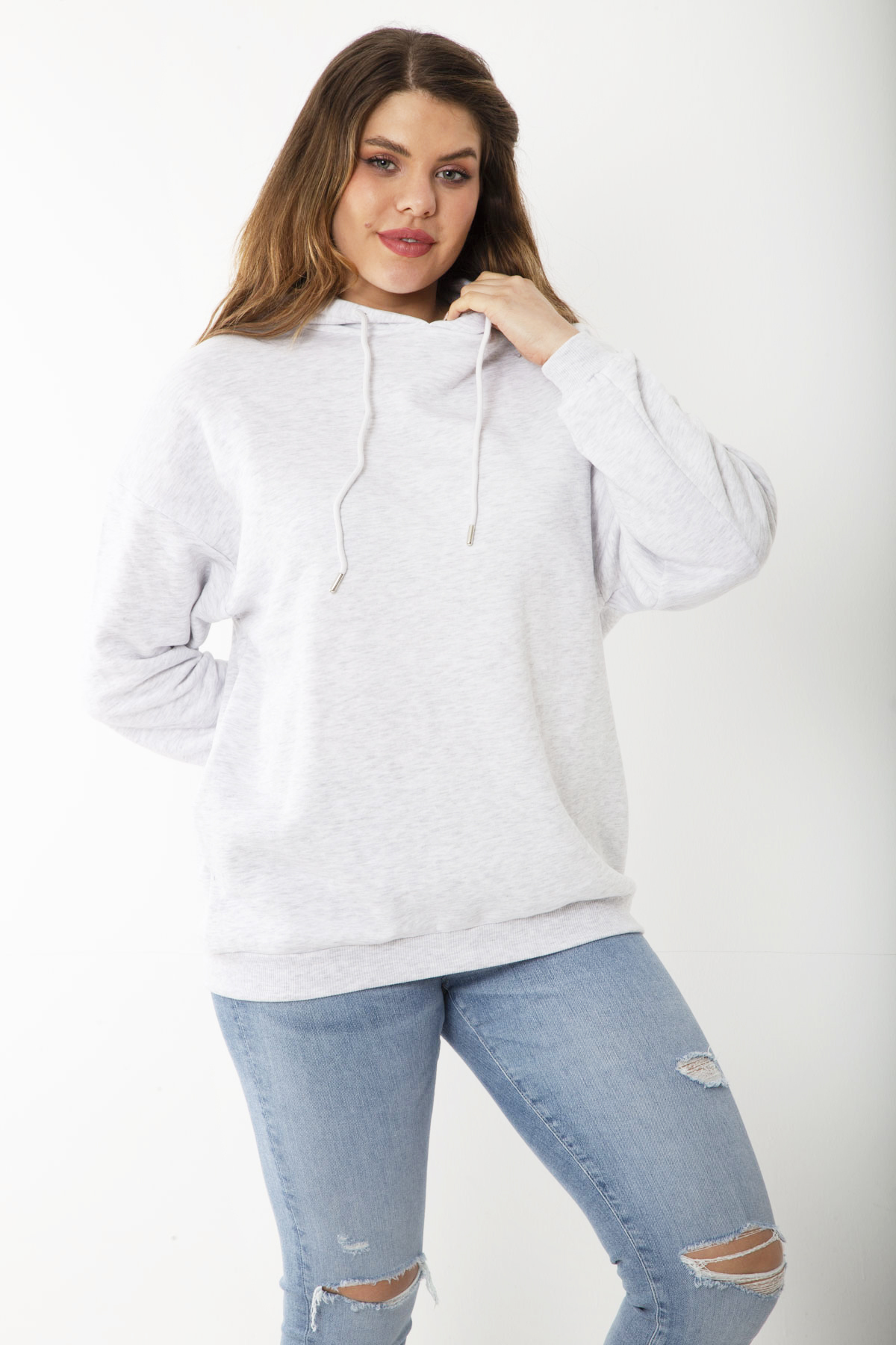 Levně Şans Women's Plus Size Gray Inner Raising Three Thread Hooded Printed Back Sweatshirt