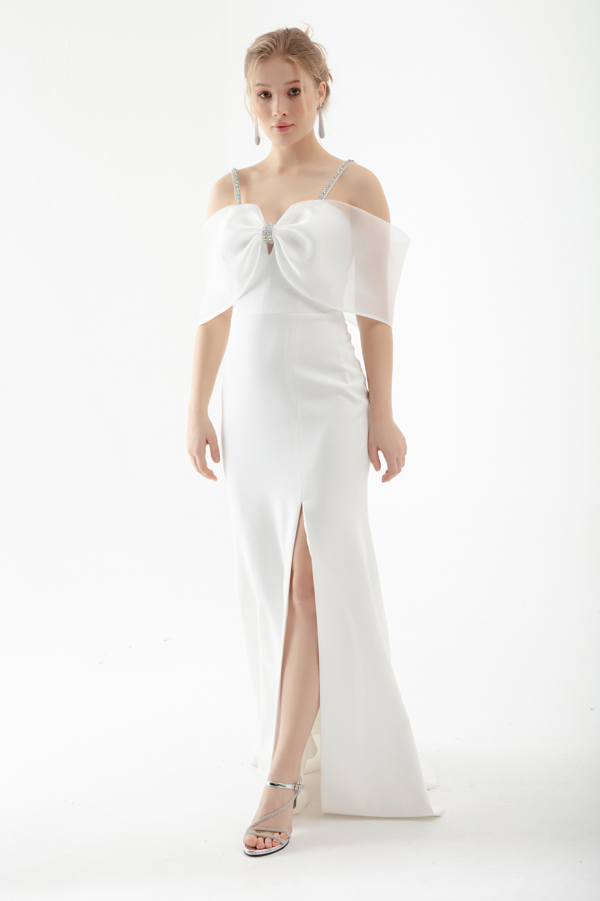 Levně Lafaba Women's White Stone Strap Long Fishtail Evening Dress