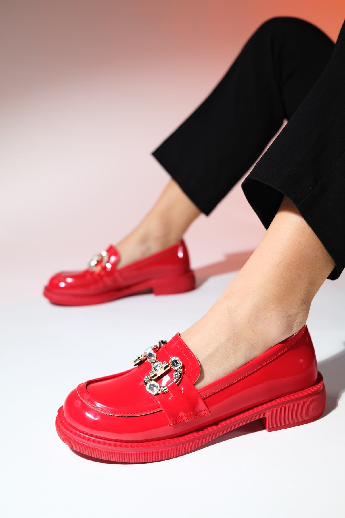 Levně LuviShoes NORMAN Red Patent Leather Stone Buckle Women's Loafer Shoes