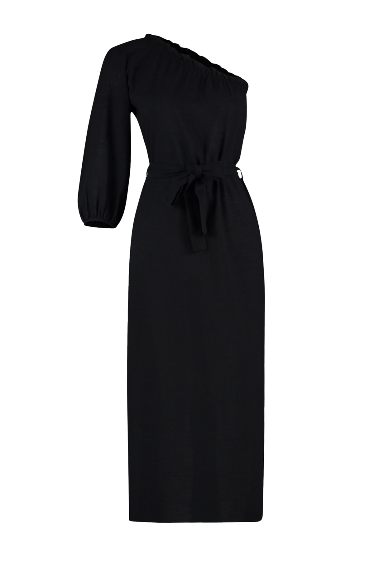 Trendyol Black Belted Maxi Woven Linen Blend One Shoulder Beach Dress