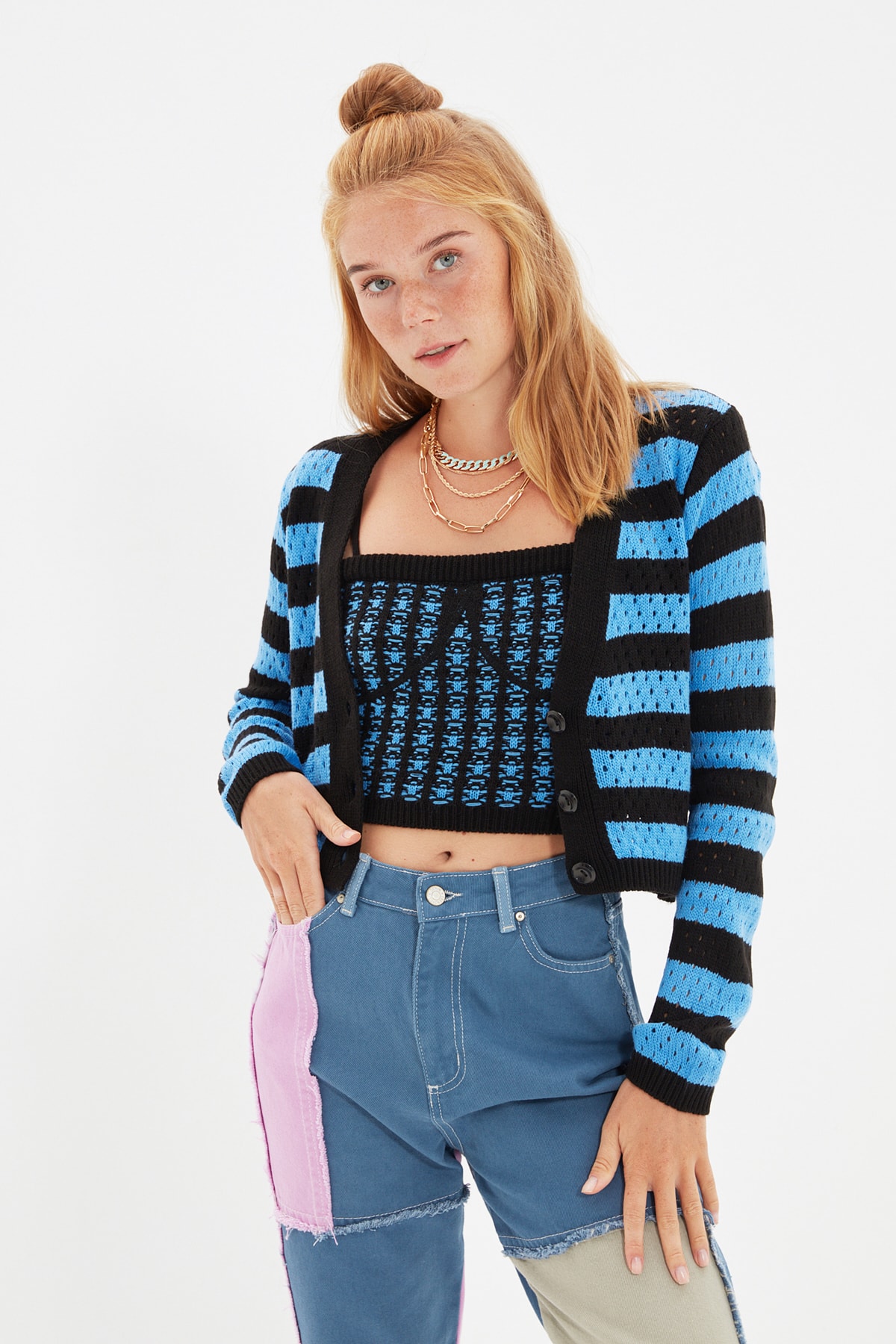 Trendyol Blue Openwork Striped Blouse- Cardigan Knitwear Suit