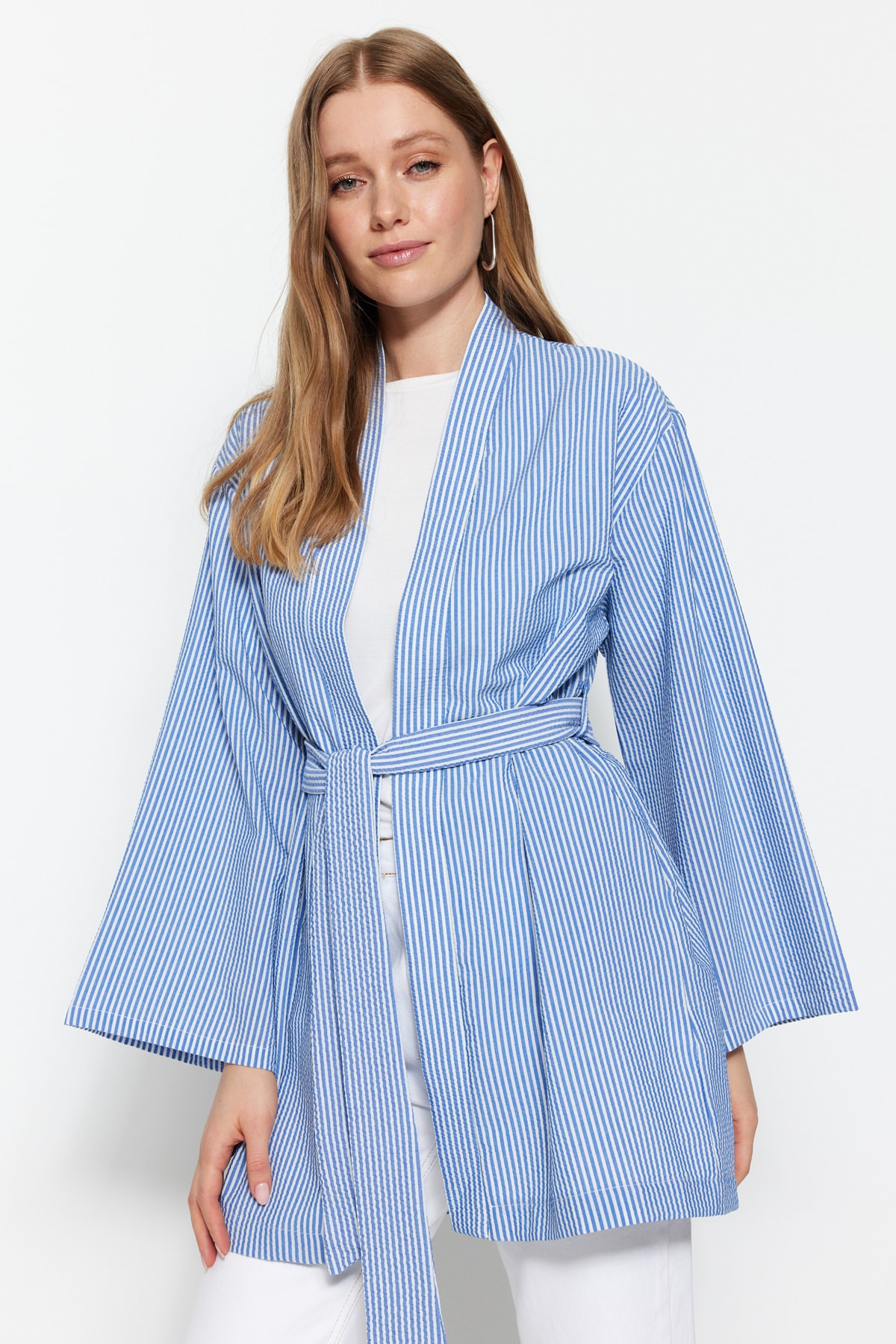 Trendyol Blue Belted Woven Seeerproof Striped Kimono & Kaftan