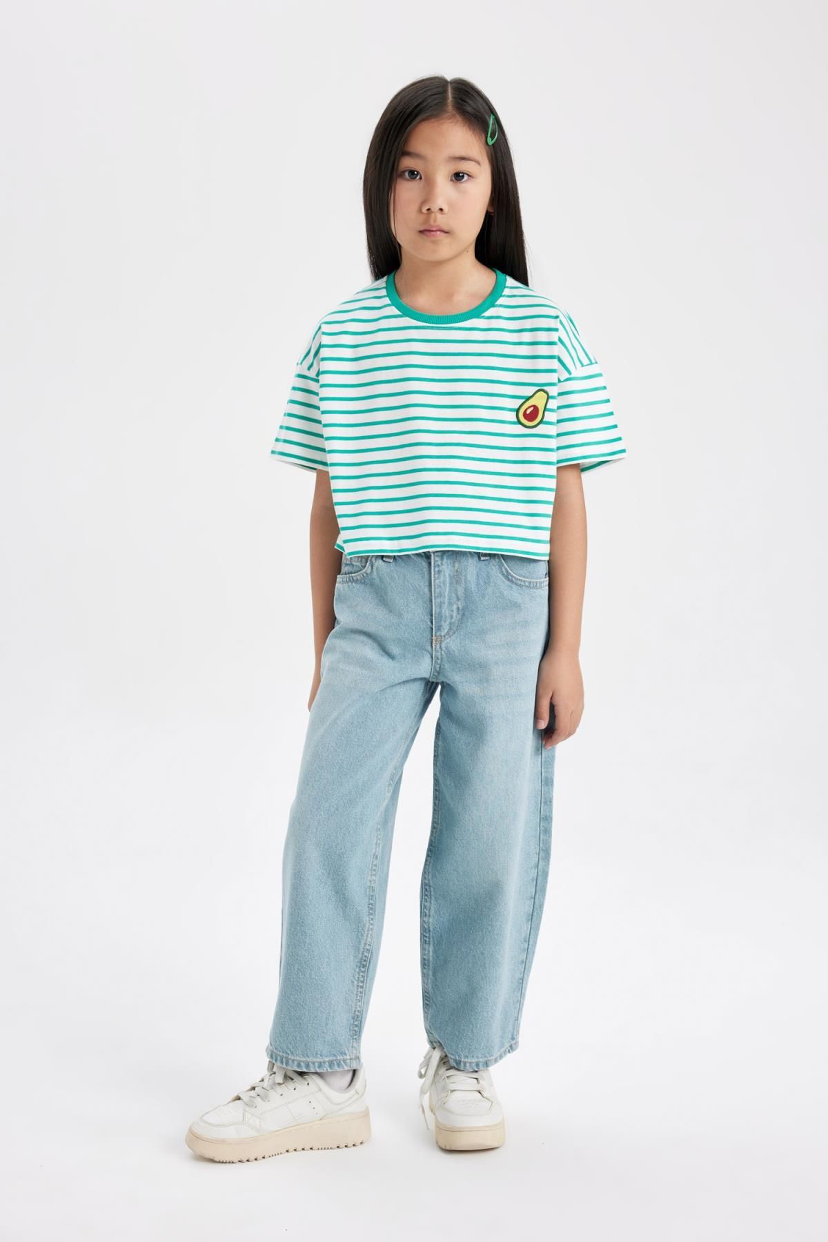 DEFACTO Girl's Crew Neck Striped Short Sleeve T-Shirt