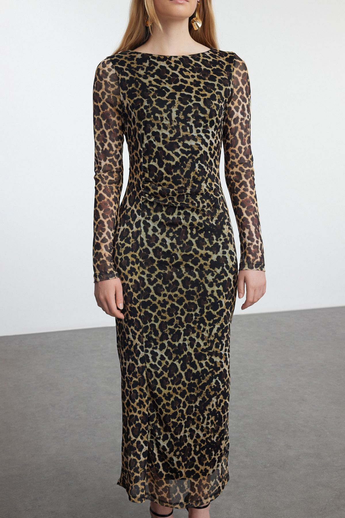 Trendyol Multicolored Leopard Pattern Fitted Tulle Stretchy Knitted Dress