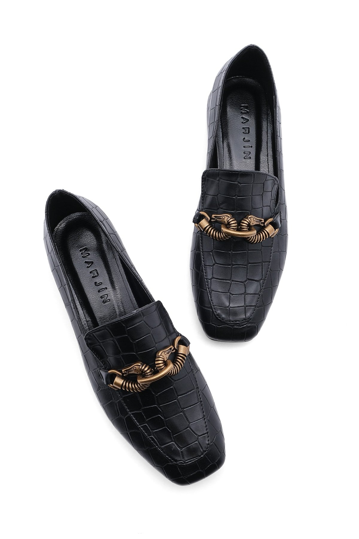 Levně Marjin Women's Loafers Chain Accessorized Loafers Casual Shoes Alva Black Croco