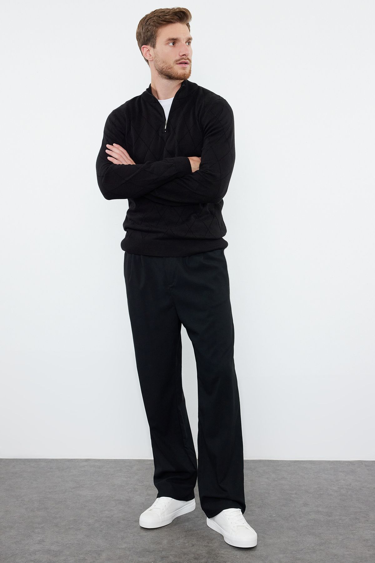Trendyol Black Slim Fit Half Turtleneck Zipper Collar Cotton Smart Knitwear Sweater