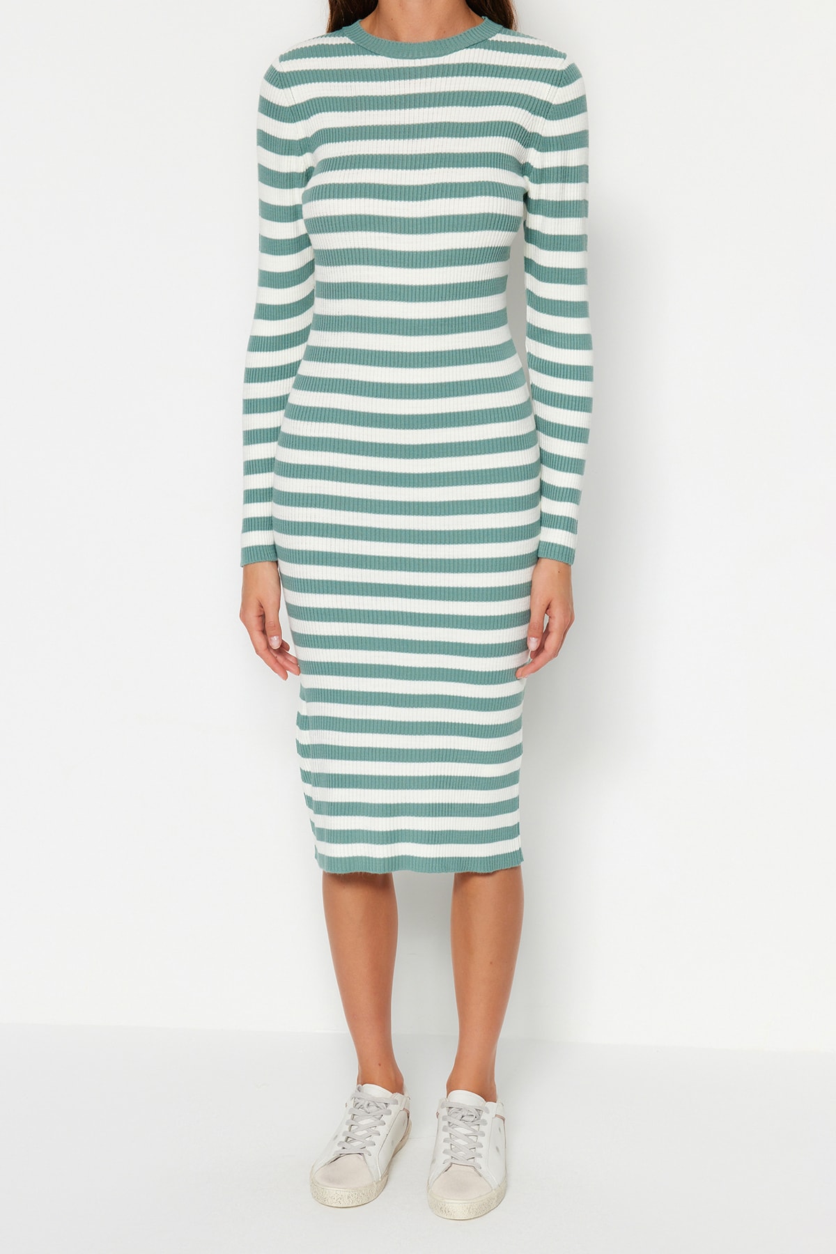 Trendyol Mint Midi Tricotaje Rochie de bază cu dungi