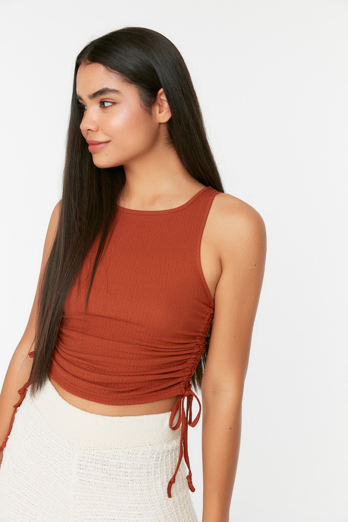 Trendyol Tile Shirring Detail Crisscross Fabric Crop Knitted Blouse