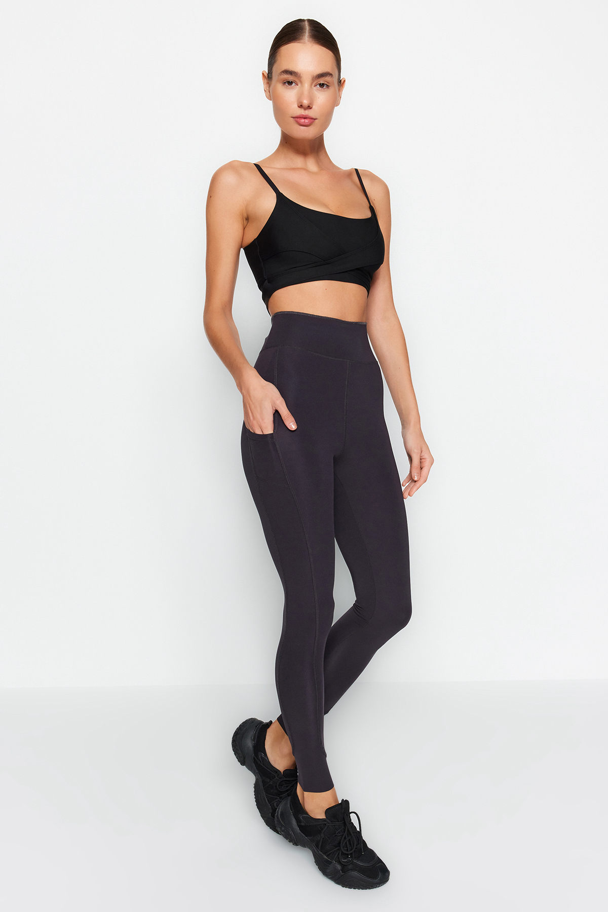Trendyol Dark Anthracite Matte Full Length Knitted Sports Leggings with Extra Abdominal Lifting Layer