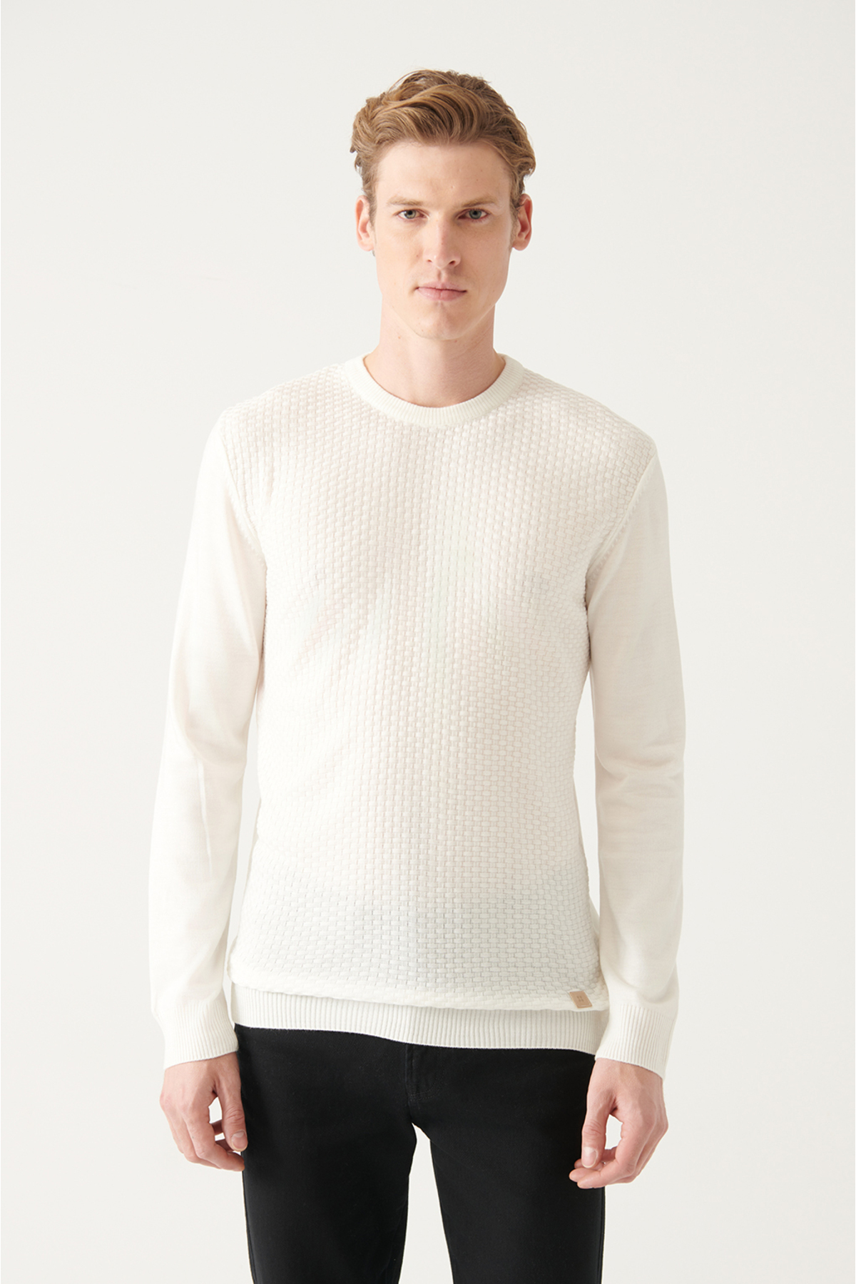 Avva Men's White Crew Neck Front Textured Standard Fit Normal Cut Knitwear Sweater