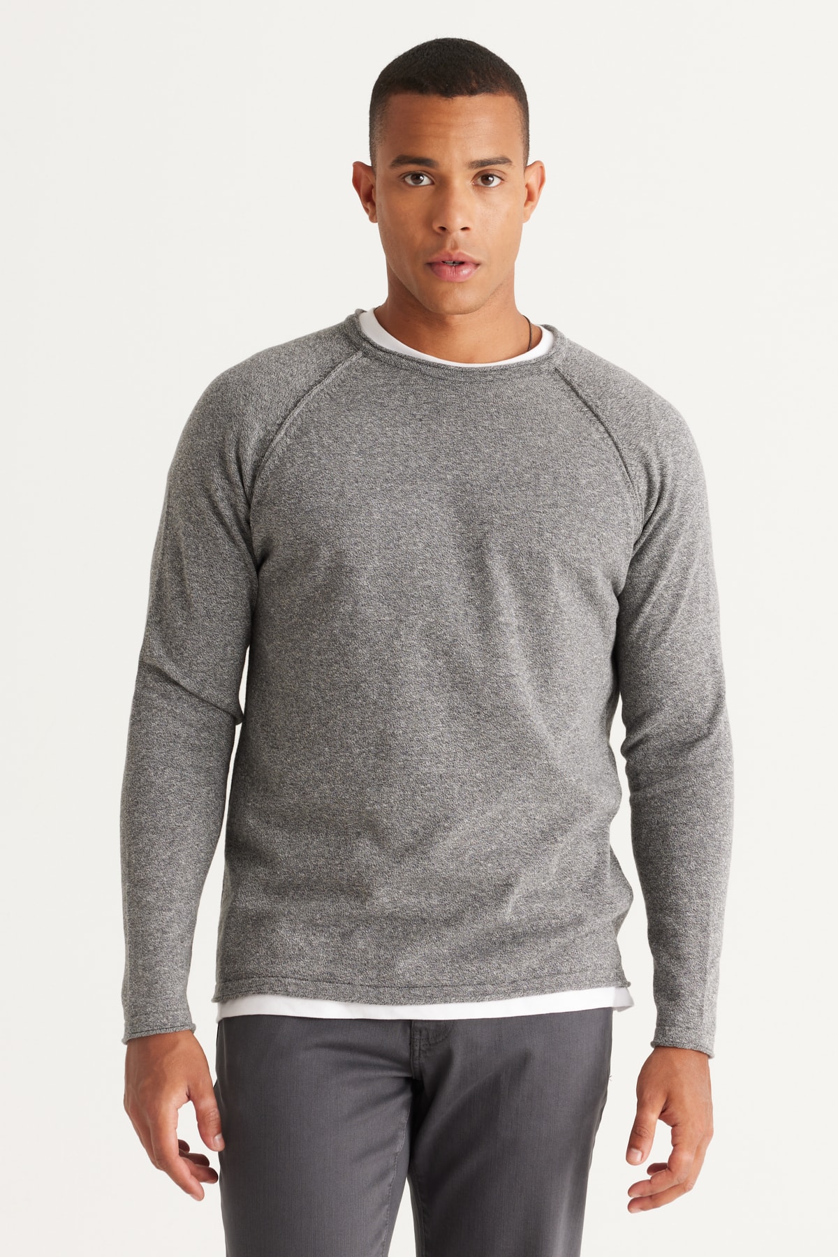 Levně AC&Co / Altınyıldız Classics Men's Grey-ecru Standard Fit Regular Cut Crew Neck Cotton Muline Patterned Knitwear Sweater