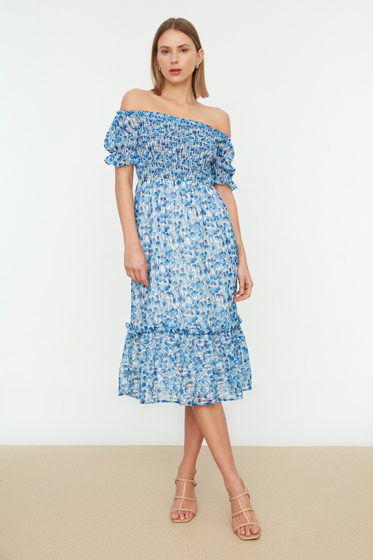 Trendyol Blue Floral Madonna Neckline Opening Waist Chiffon Gimped Midi Lined Woven Dress