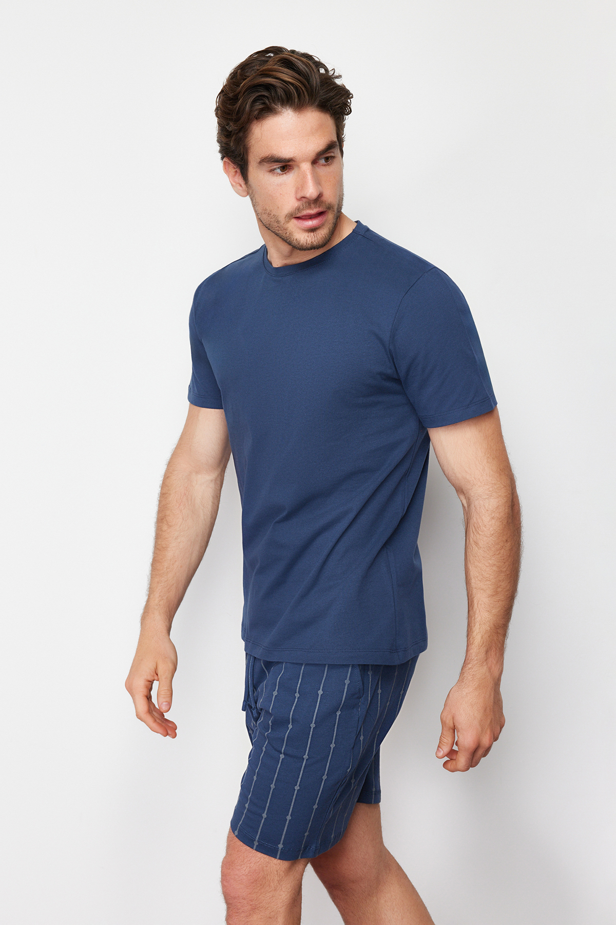 Trendyol Men's Navy Blue Printed Regular Fit Knitted Pajamas Set