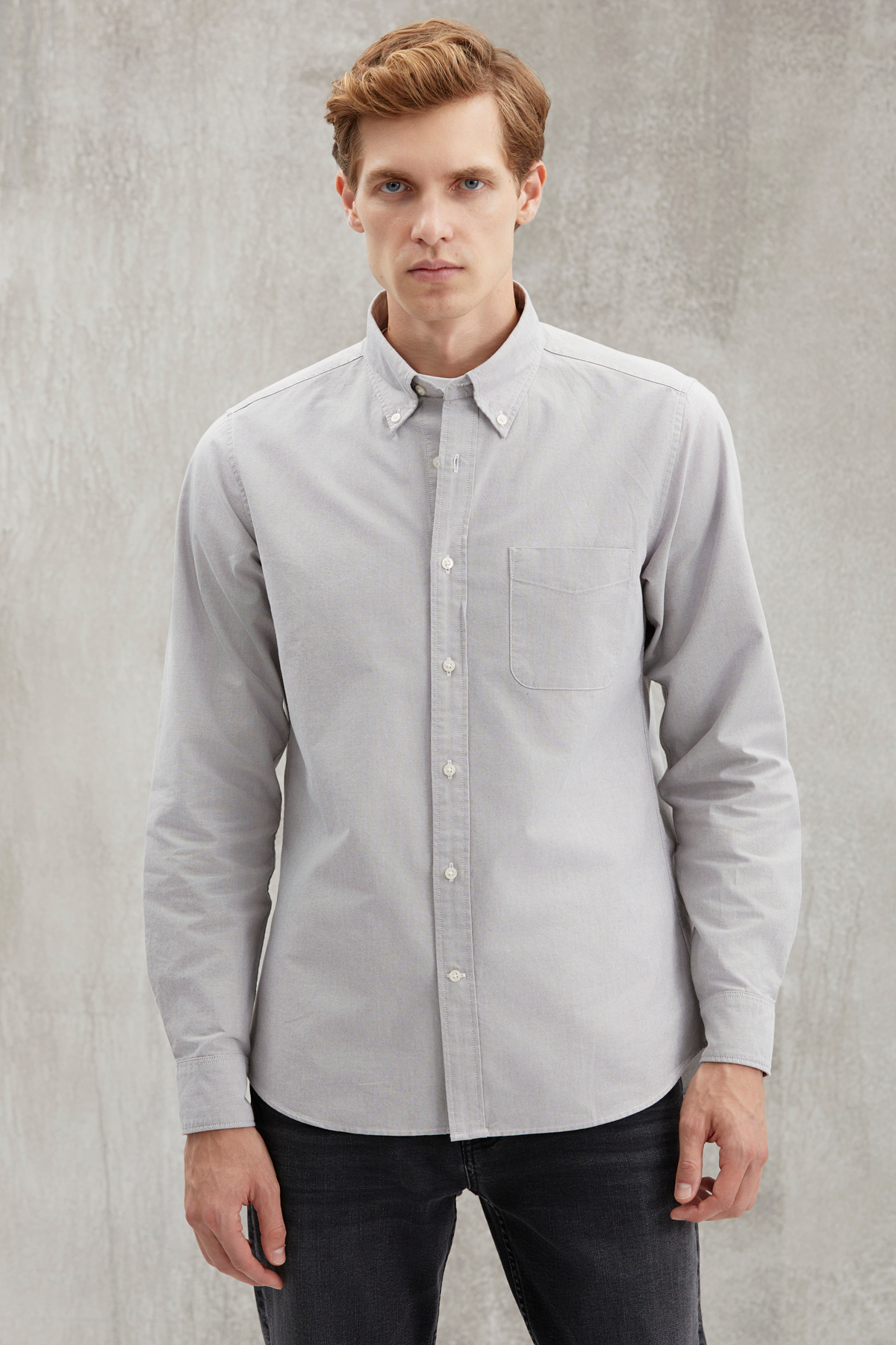 GRIMELANGE Cliff Men's 100% Cotton Pocketed Oxford Gray Shirt