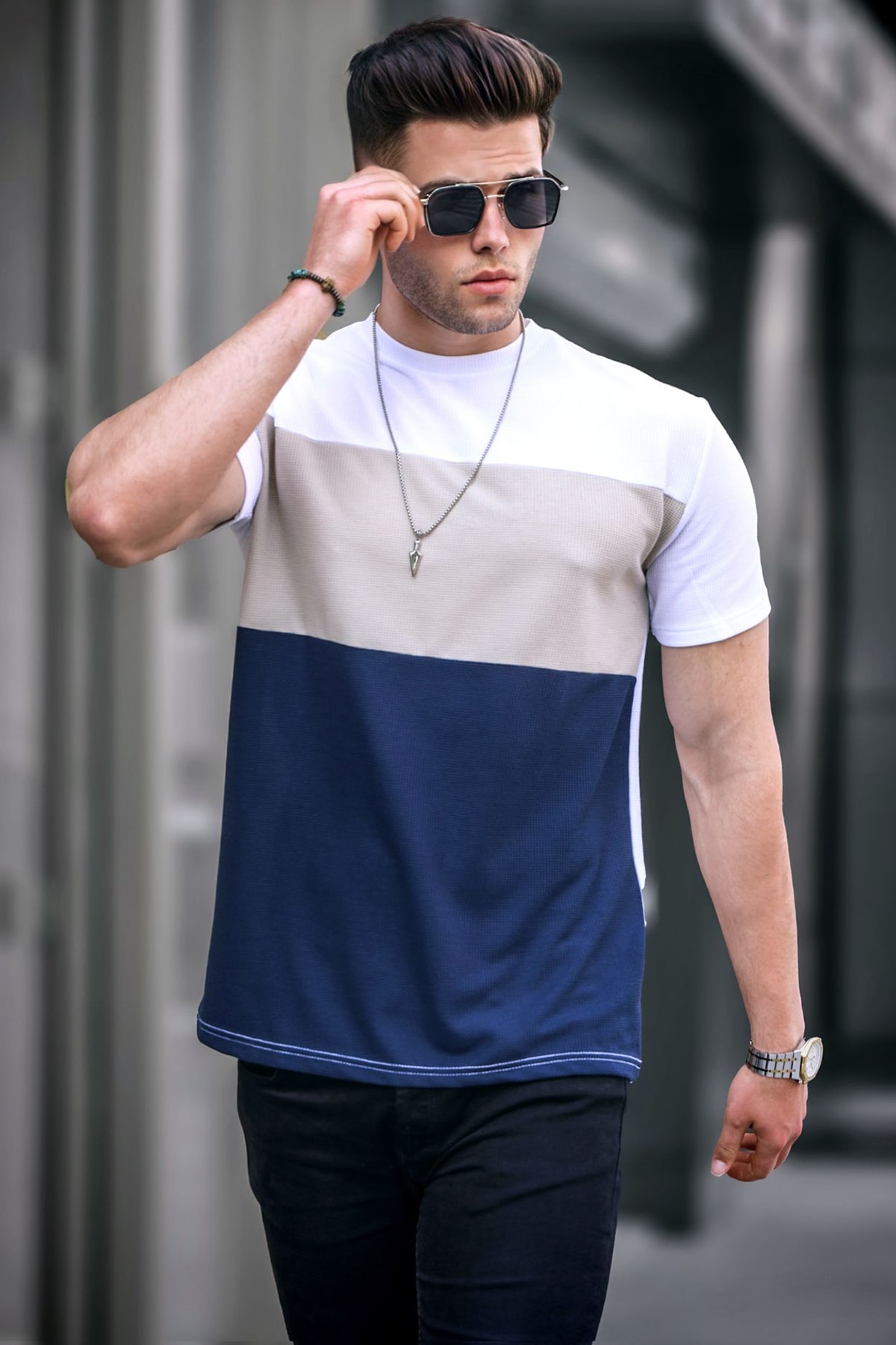 Levně Madmext Men's Color Block White T-Shirt 5826