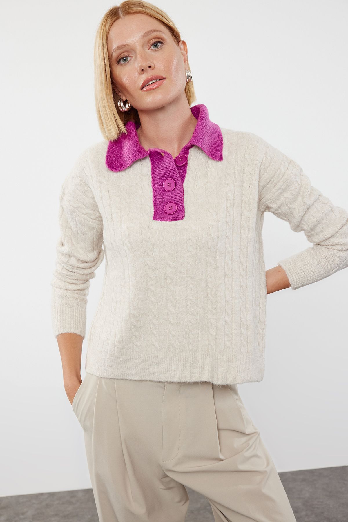 Trendyol Stone Polo Neck Color Blocked Knitwear Sweater