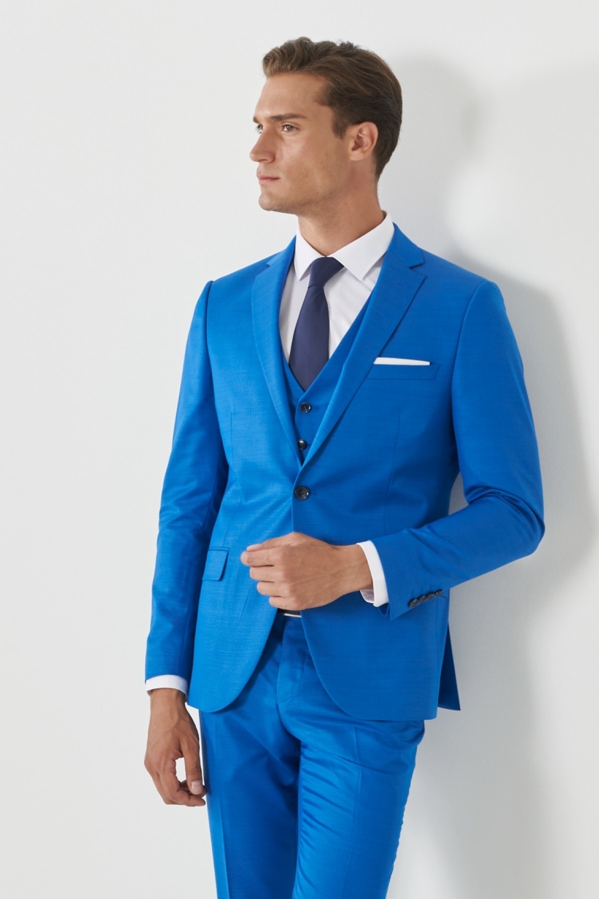 Levně ALTINYILDIZ CLASSICS Pánský sakso-modrý extra slim fit slim fit slim fit jednořadý vzorovaný oblek s vestou.