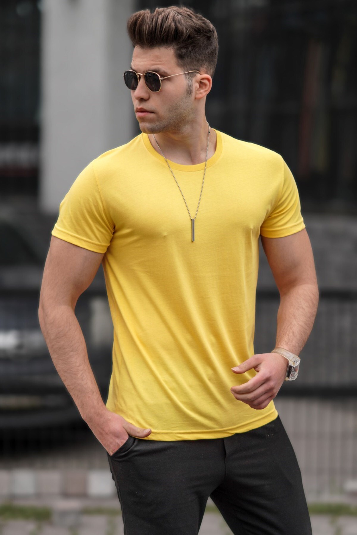 Levně Madmext Crew Neck Basic T-Shirt Yellow 3006