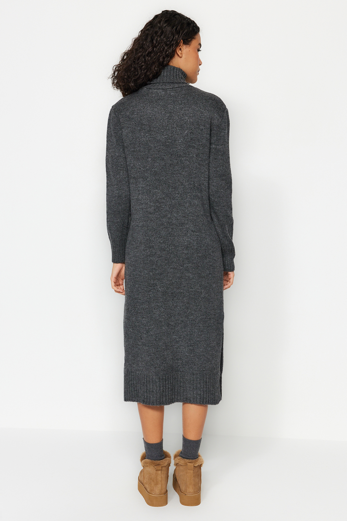 Trendyol Anthracite Midi Knit Wide Pattern Soft Texture Dress