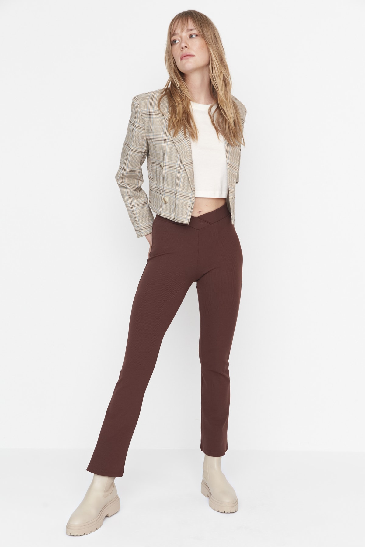 Trendyol Brown Ribbed Knitted Leggings