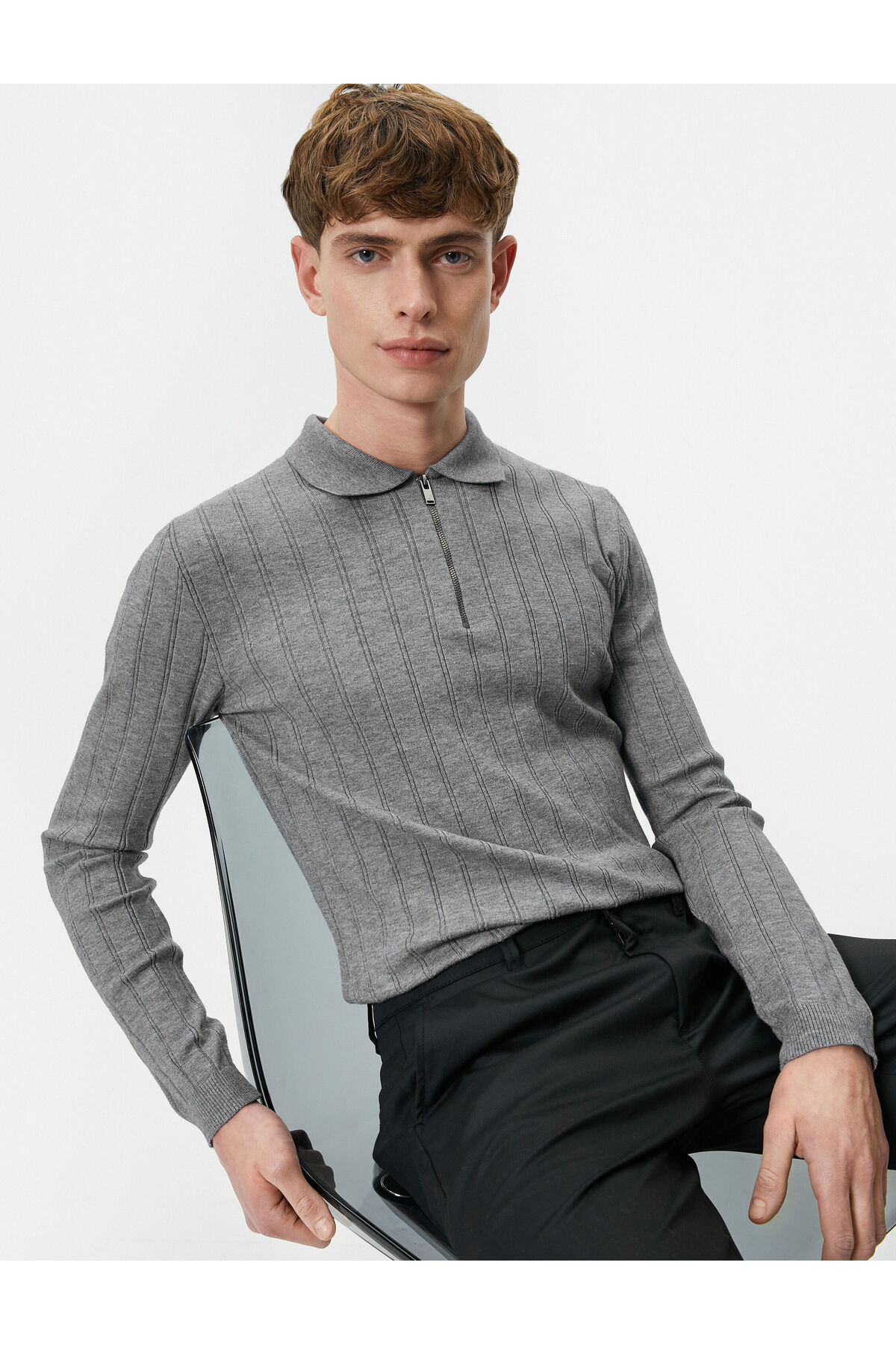 Levně Koton Polo Neck Sweater Half Zipper Slim Fit Textured
