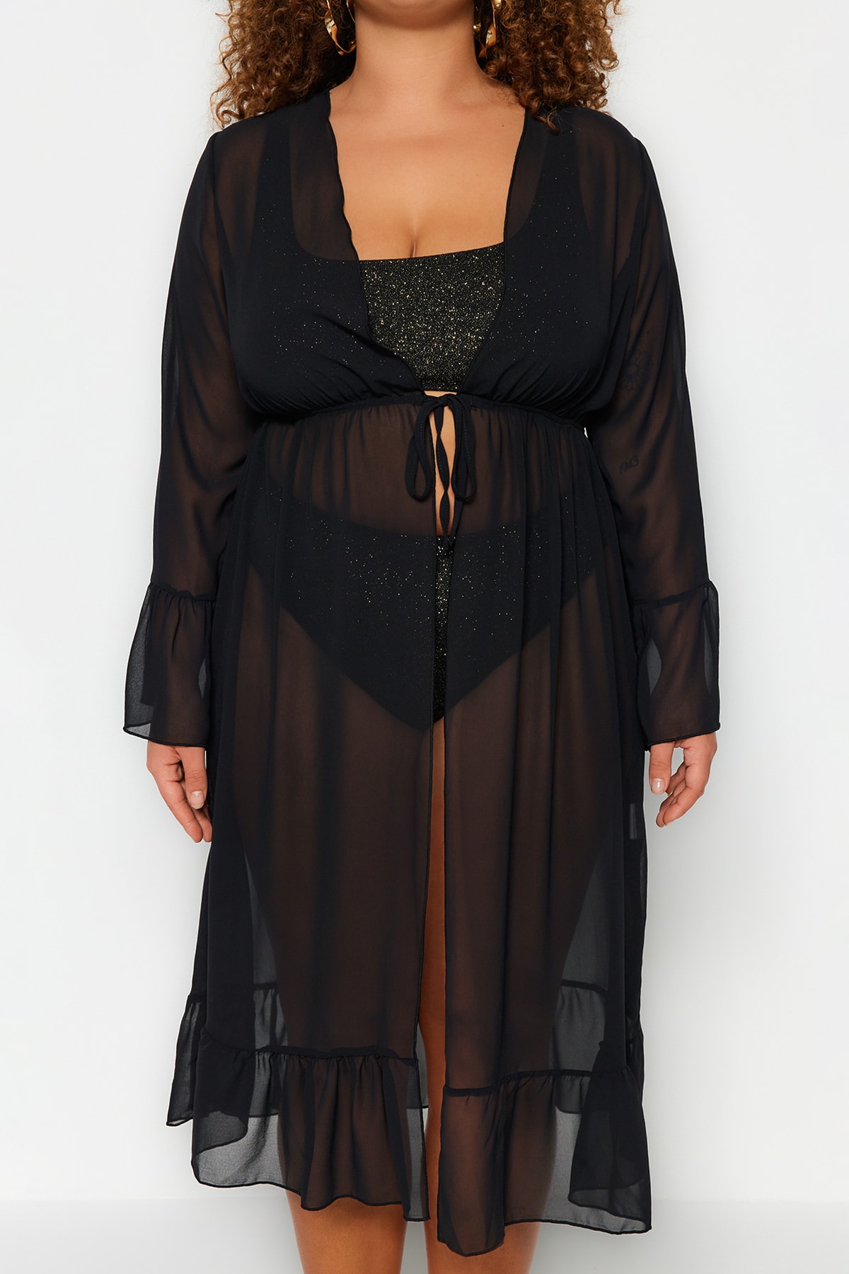 Trendyol Curve Long Black Chiffon Kimono &amp; Caftan