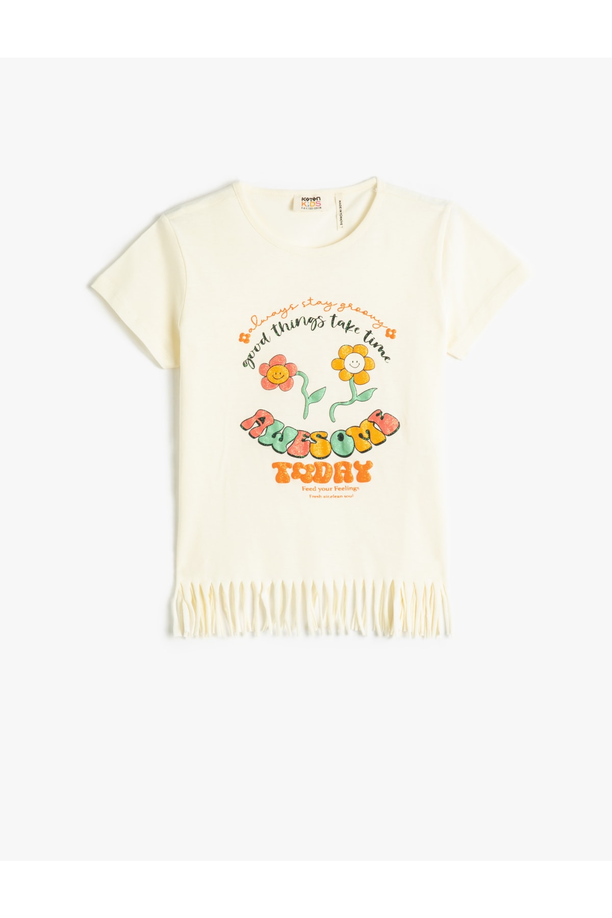 Koton T-Shirts Tasseled Short Sleeve Printed Glittery Cotton
