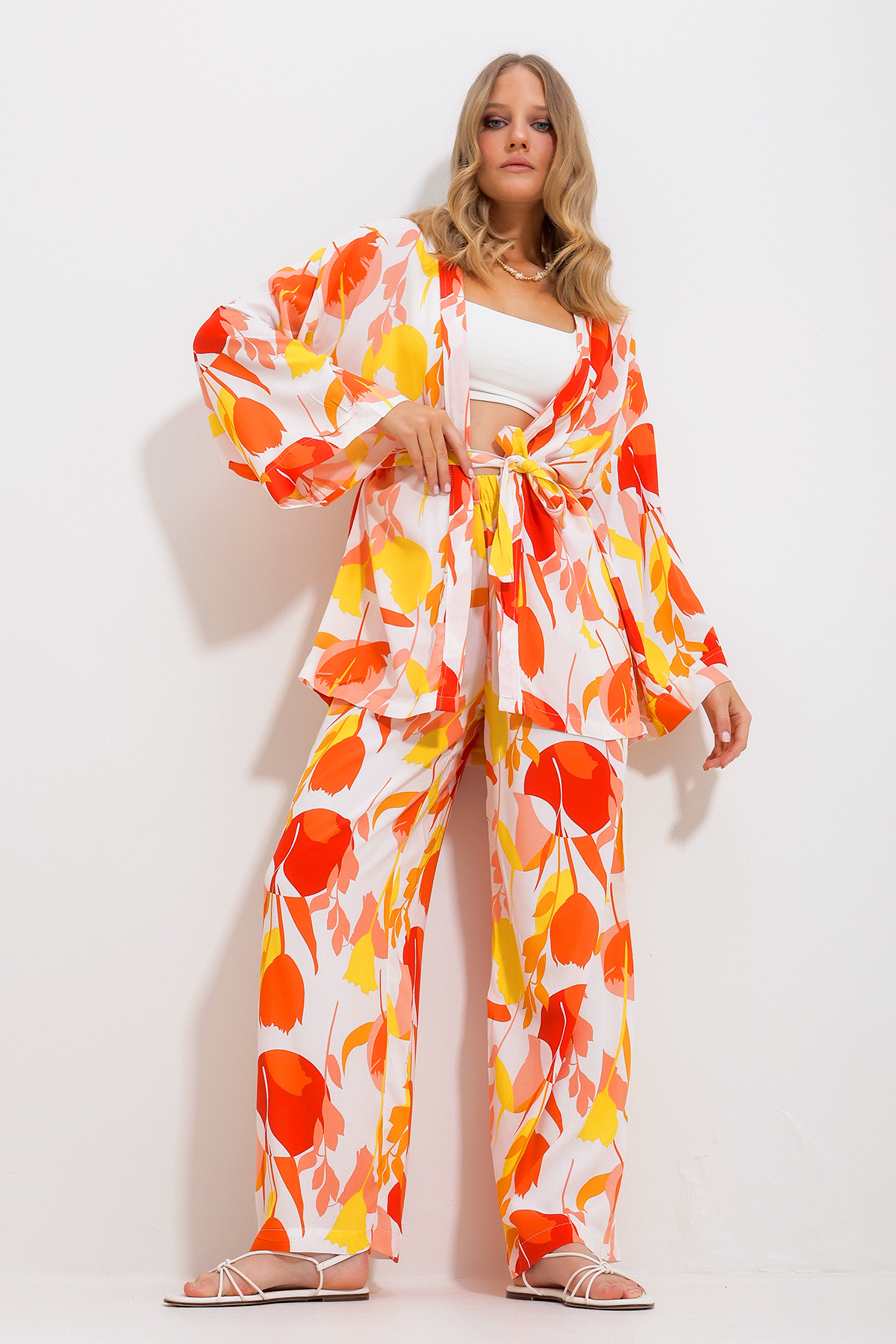 Trend Alaçatı Stili Women's Orange Kimono Jacket And Palazzo Pants Suit