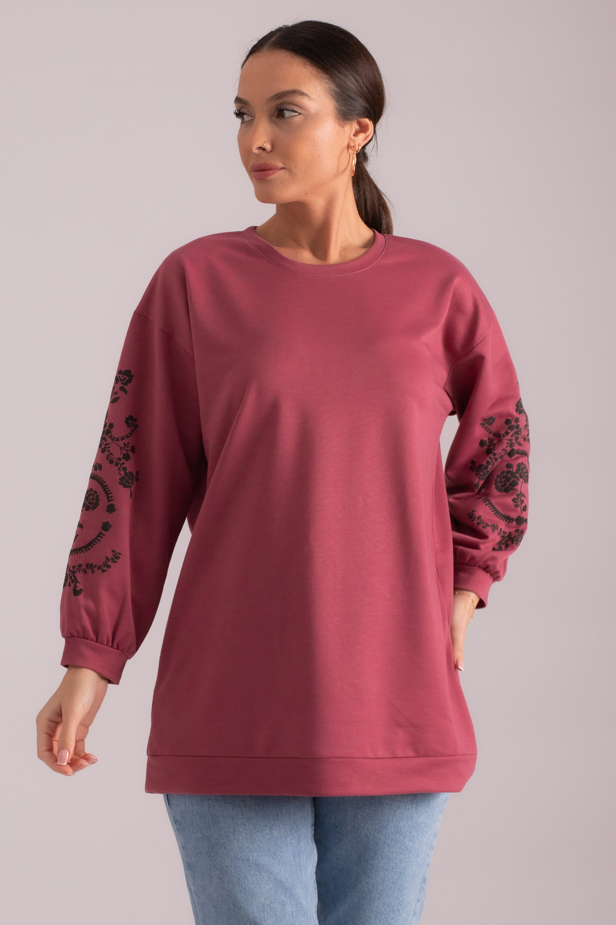 armonika Women's Dusty Rose Round Neck Sleeve Embossed Sweatshirts