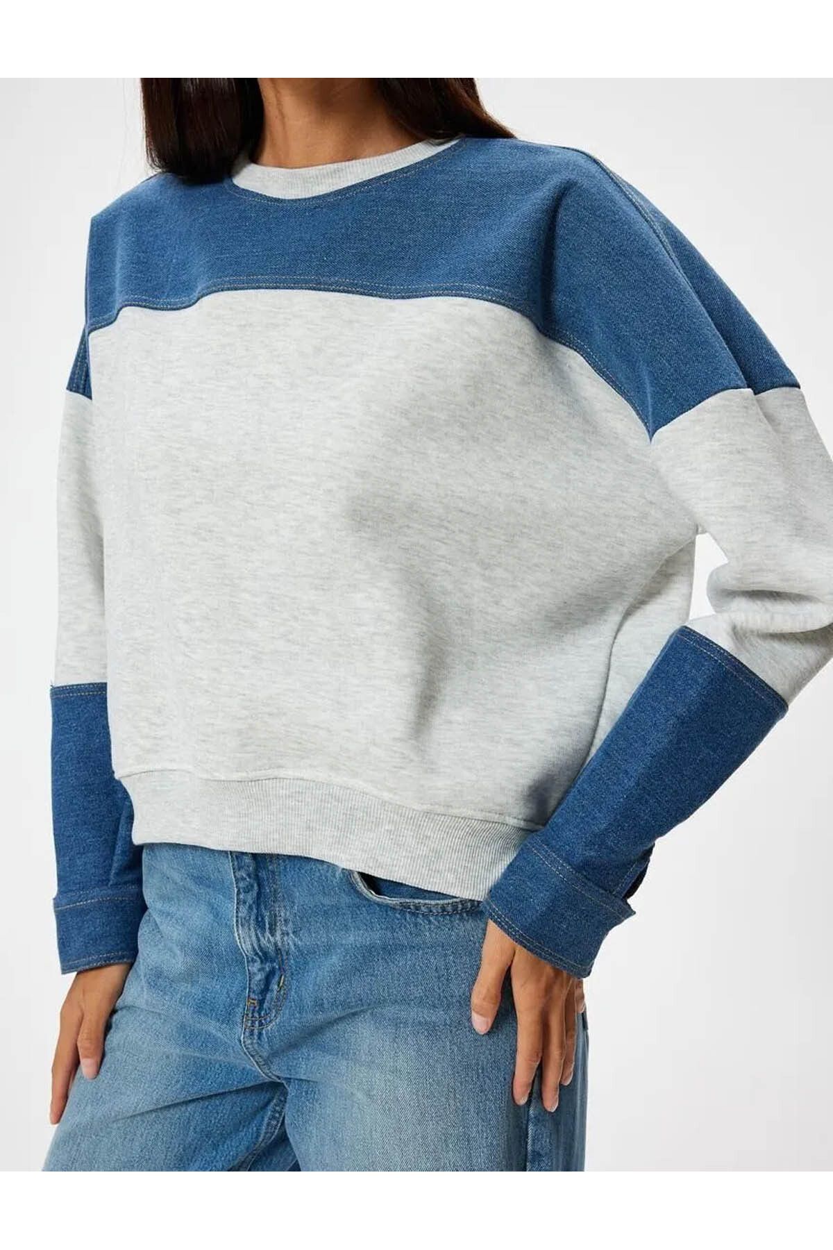 Koton Oversize Sweatshirt Color Block Crew Neck Zipper Detail Raised