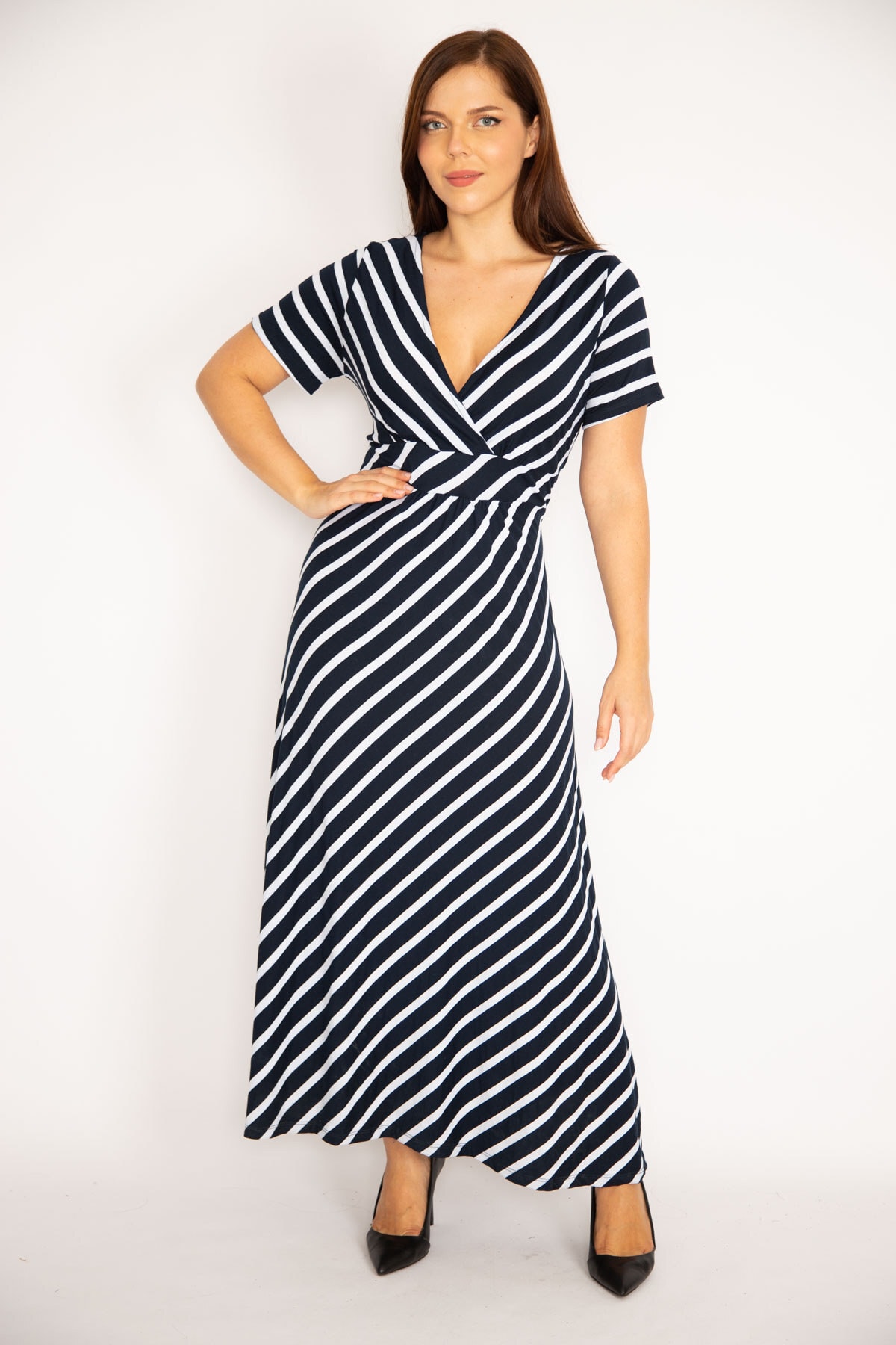 Şans Women's Navy Blue Wrap-Up Collar Striped Long Dress