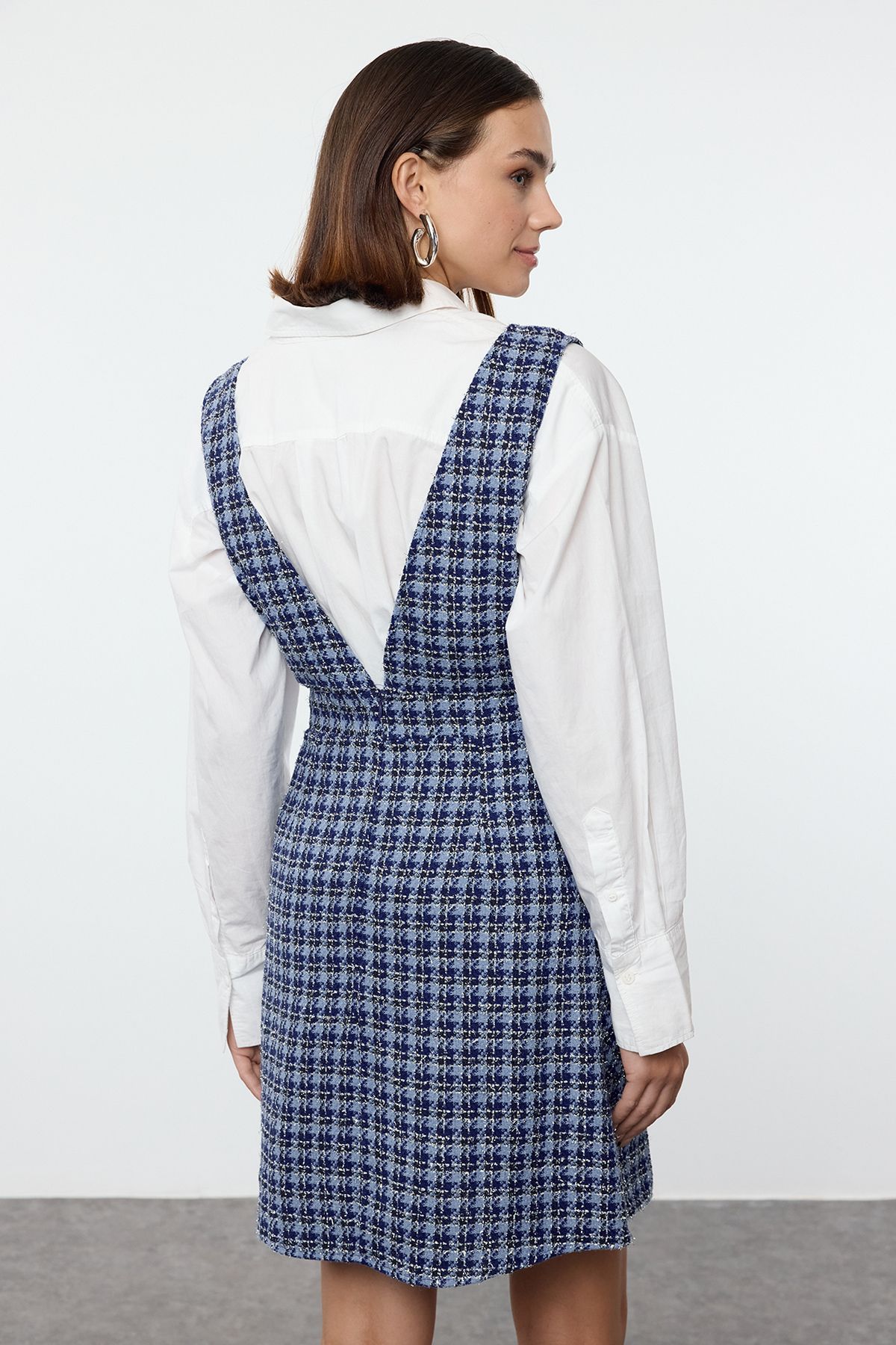 Trendyol Blue Plaid / Checkered Mini Woven Tweed Vest Dress