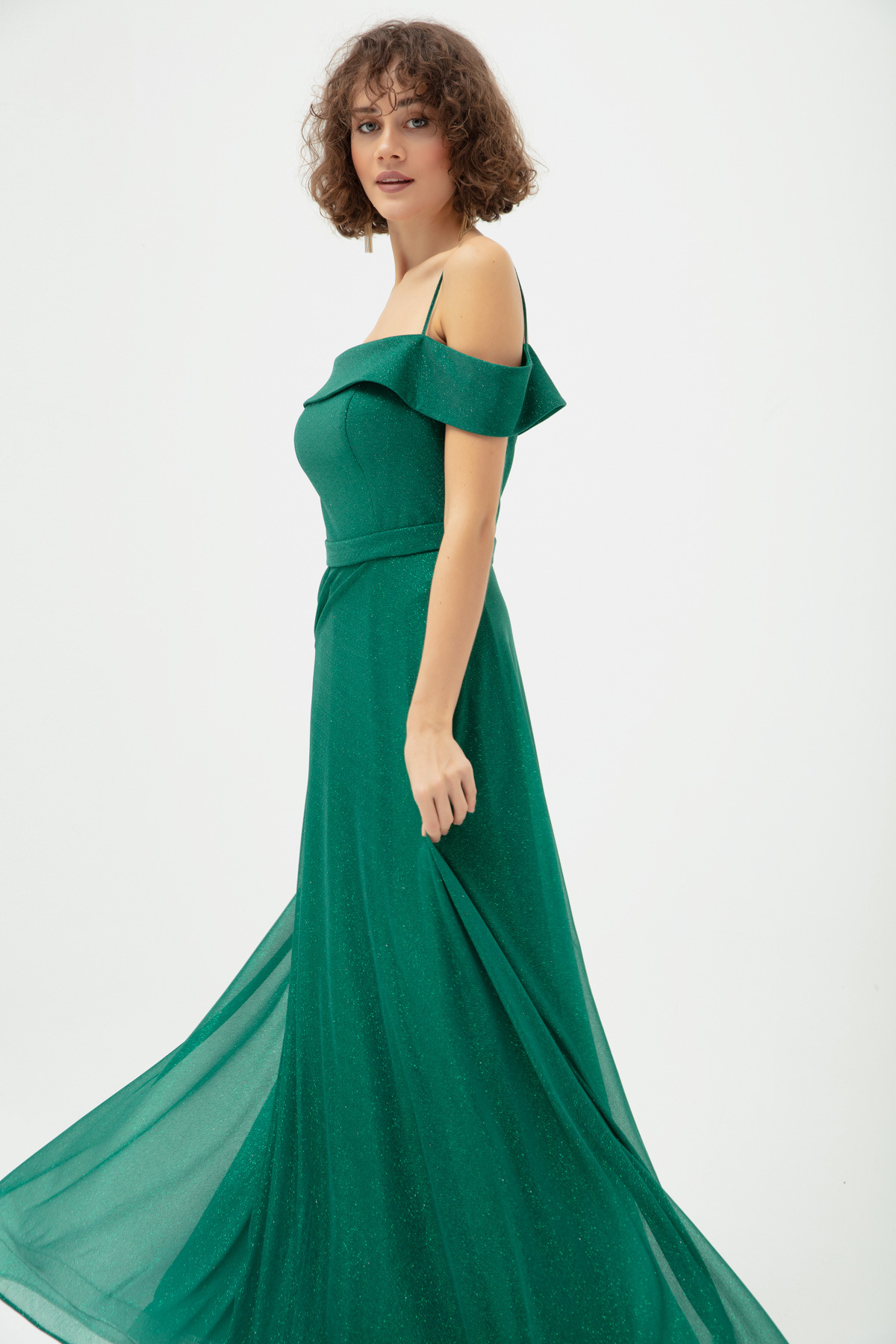 Levně Lafaba Women's Emerald Green Thin Strap Boat Neck Silvery Long Evening Dress