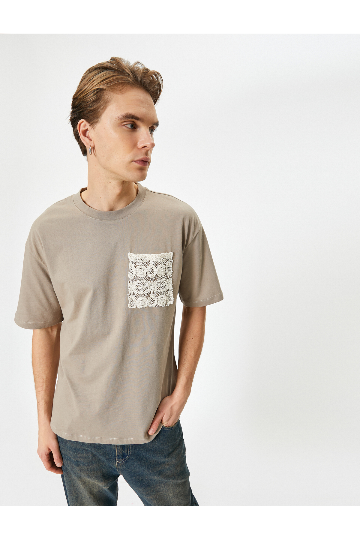 Koton Crew Neck T-Shirt Pocket Detail Embroidered Short Sleeve