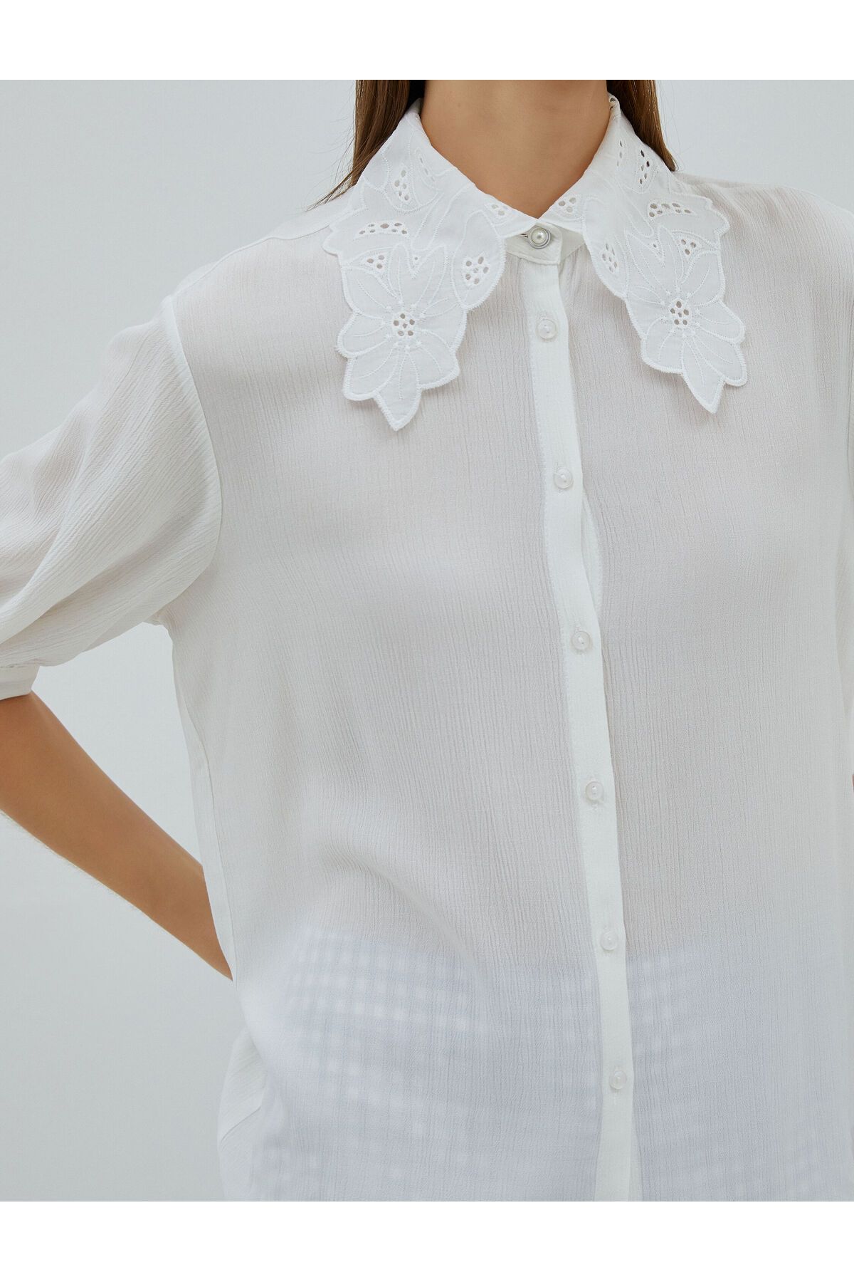 Koton Women's Clothing Lace Collar Shirt Half Balloon Sleeve