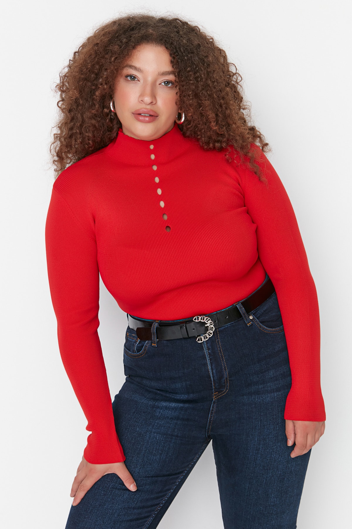 Trendyol Curve Red Stand Up Collar Knitwear Blouse