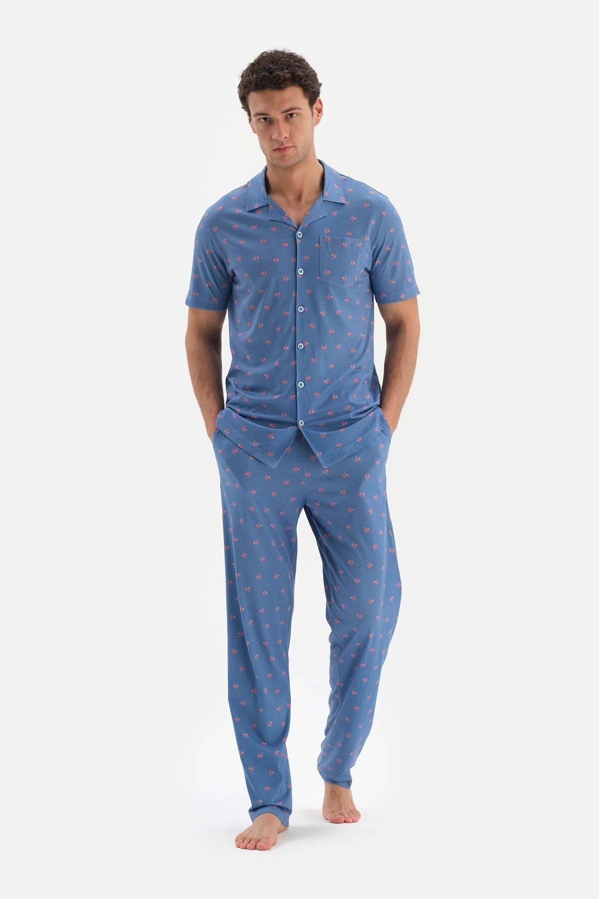 Dagi Blue Shirt Collar Microprint Printed Pajamas Set