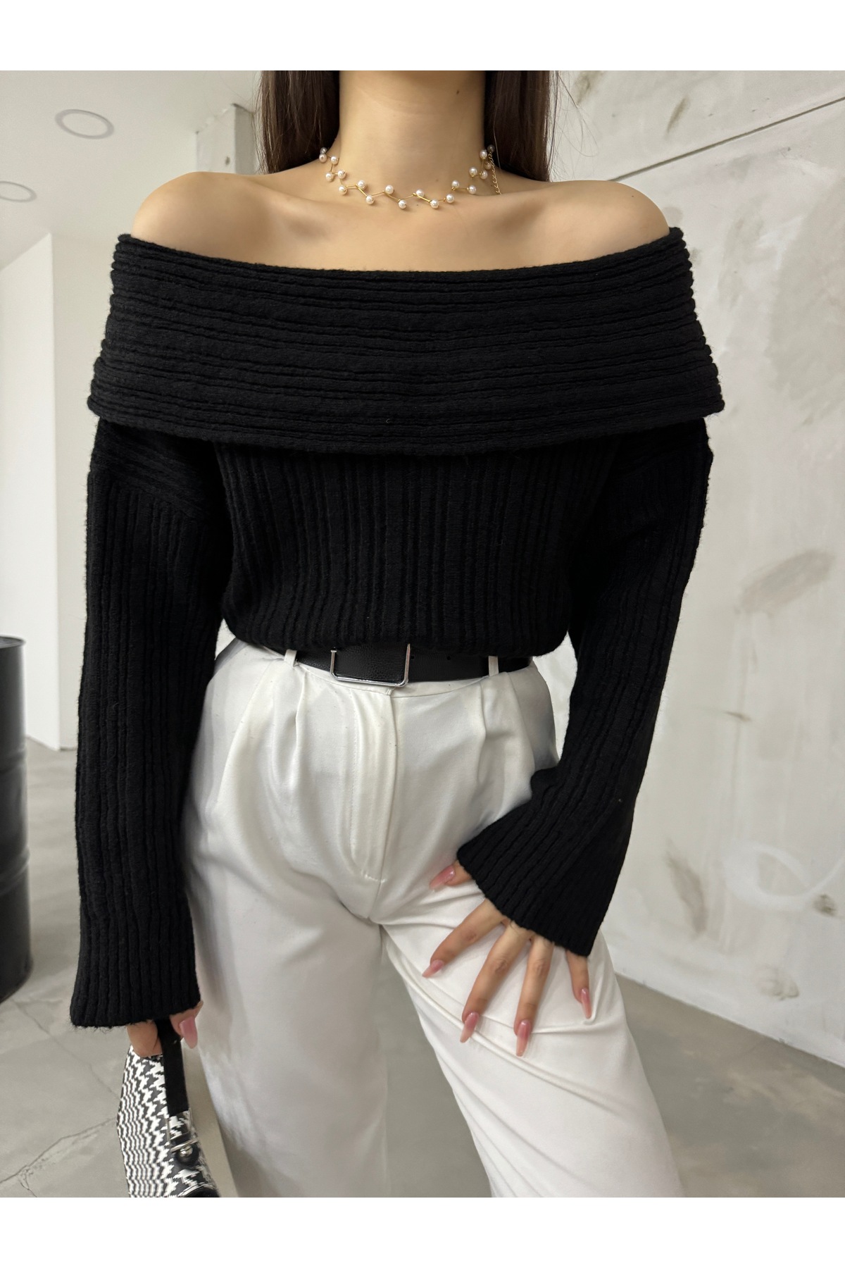 BİKELİFE Women's Madonna Collar Open Shoulders Knitwear Sweater