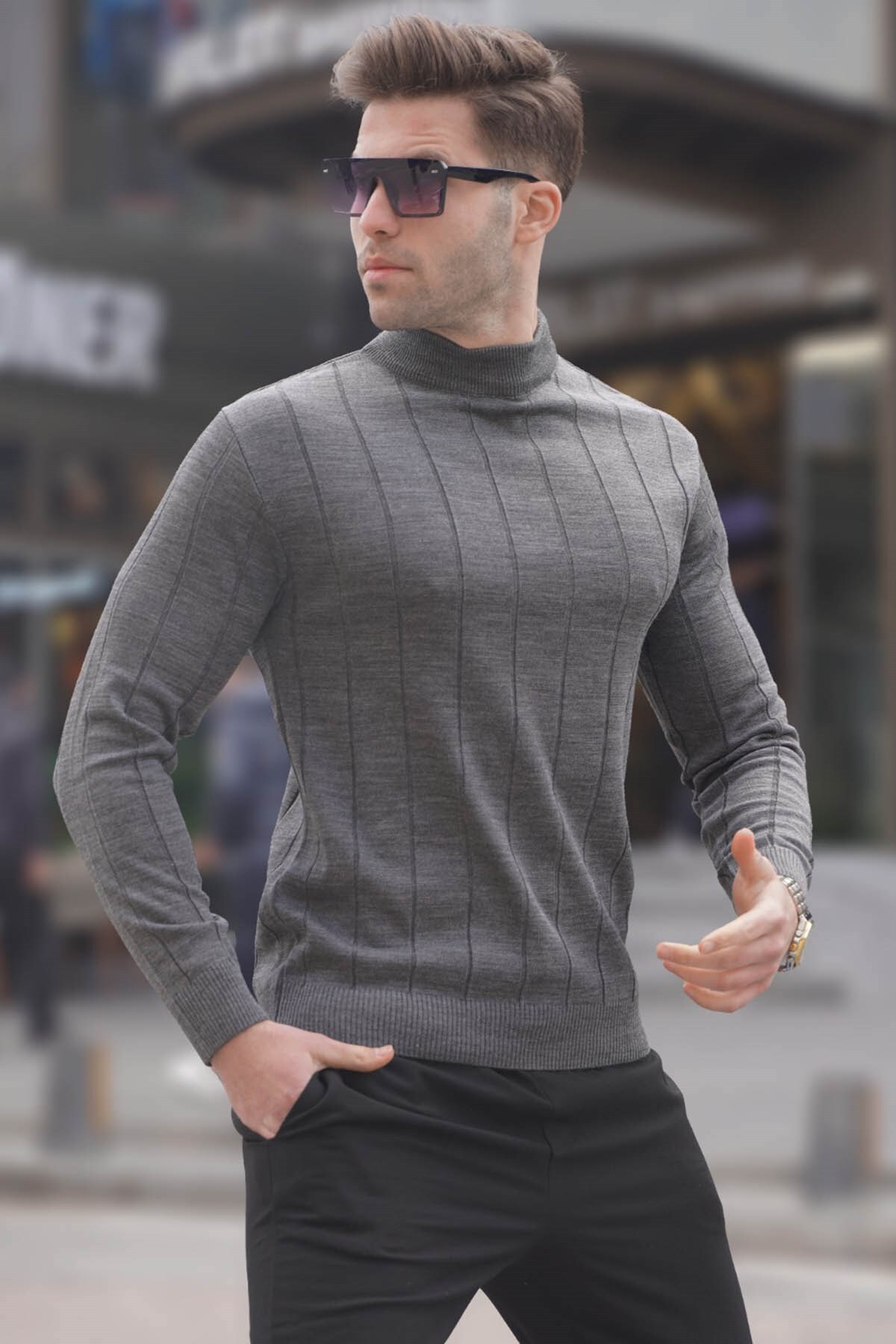 Levně Madmext Anthracite Slim Fit Half Turtleneck Striped Anti-Pilling Men's Knitwear Sweater 6344