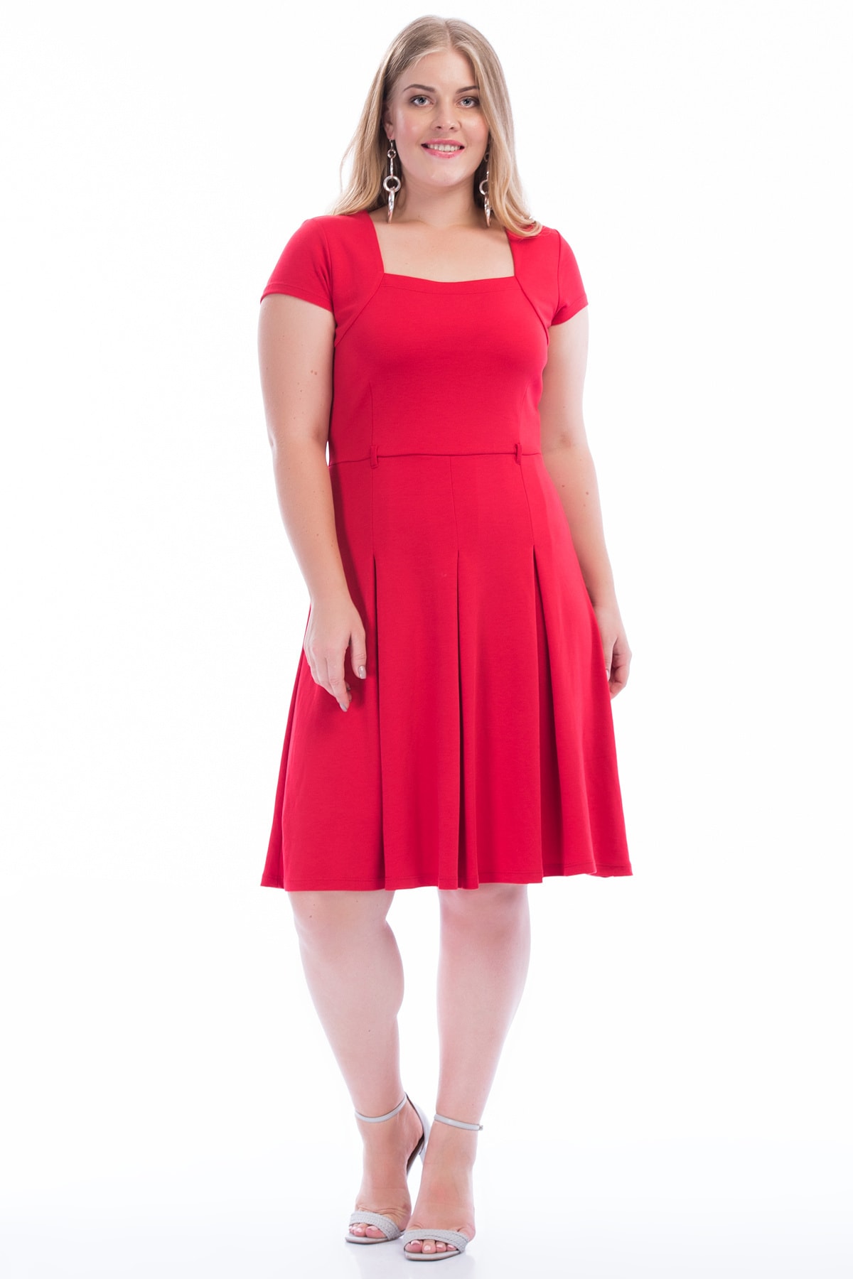Şans Women's Plus Size Red Waist Pleated Dress