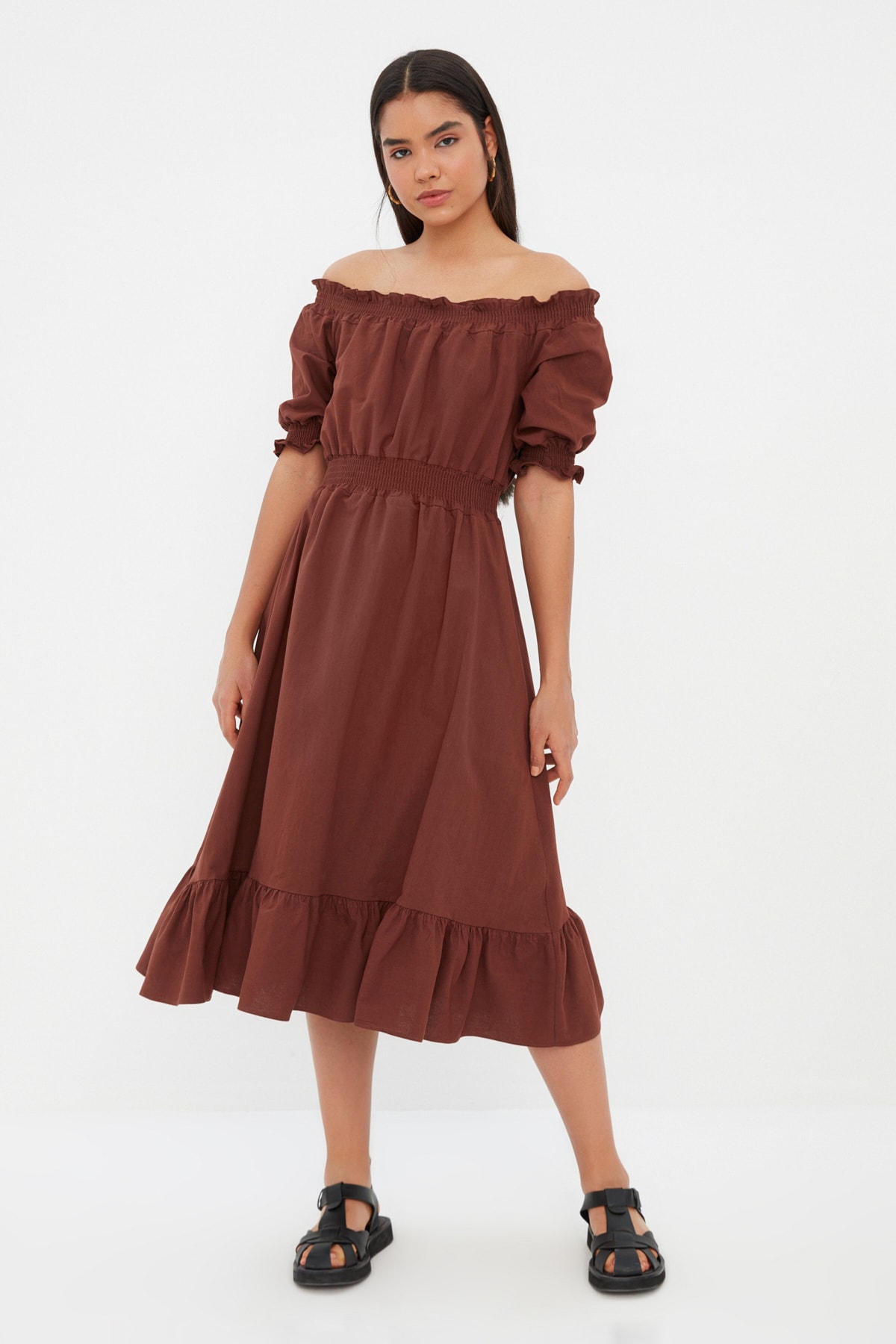 Trendyol Brown Waist Gimped Midi Woven Linen Look Dress