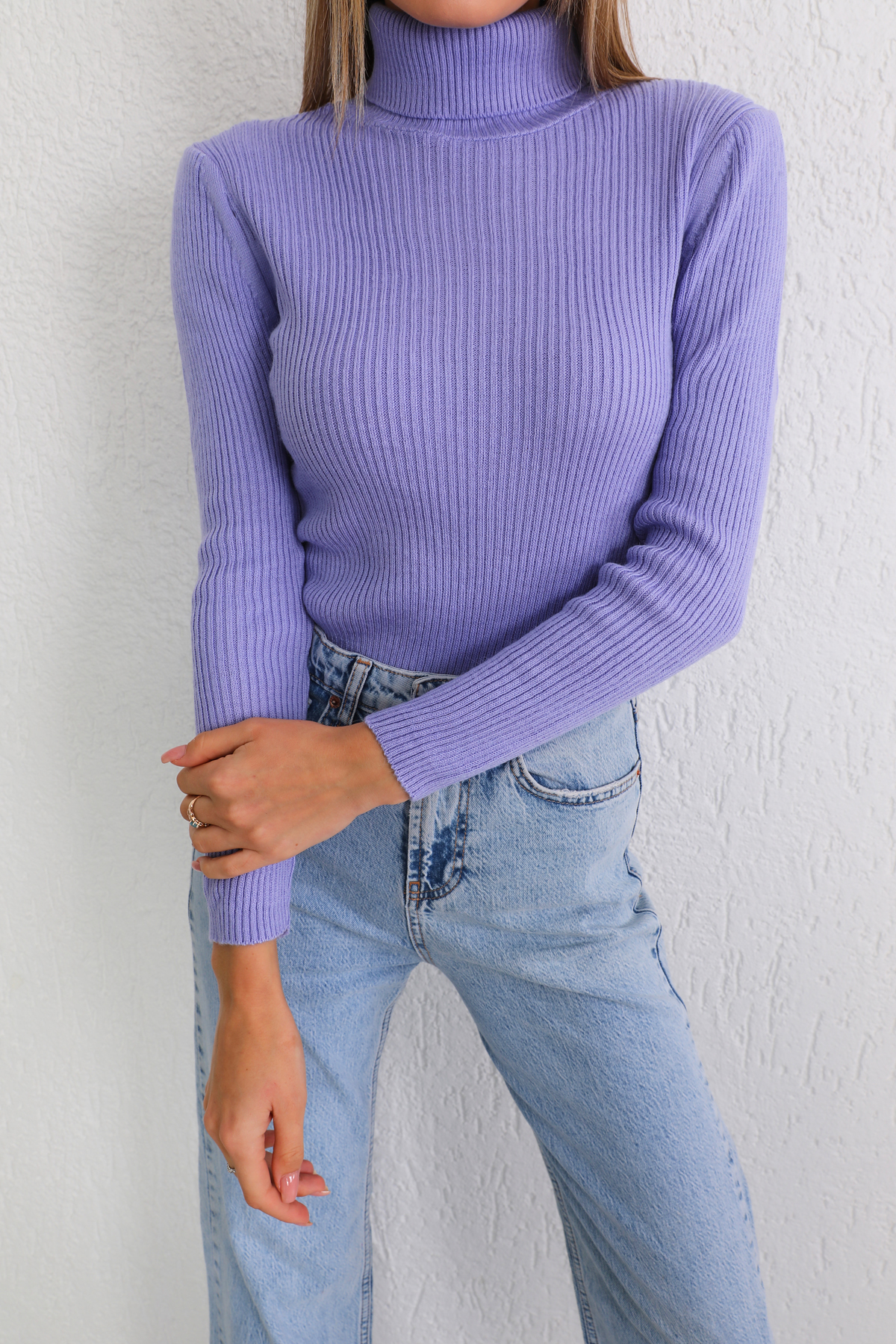 BİKELİFE Women's Lilac Lycra Stretchy Turtleneck Knitwear Sweater