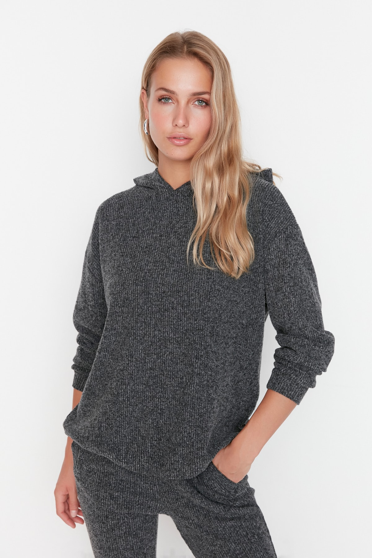 Trendyol Anthracite Loose Hoodie Knitted Sweatshirt