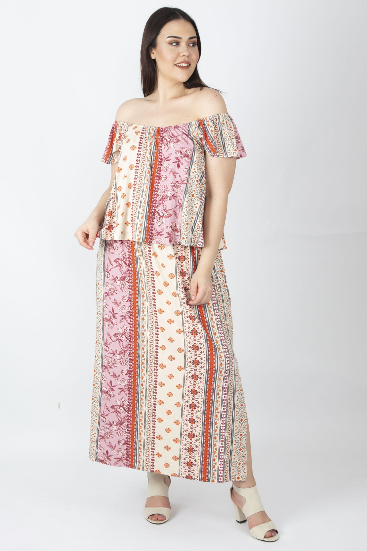 Şans Women's Plus Size Colorful Dress With Elastic Collar, Flounces Detailed