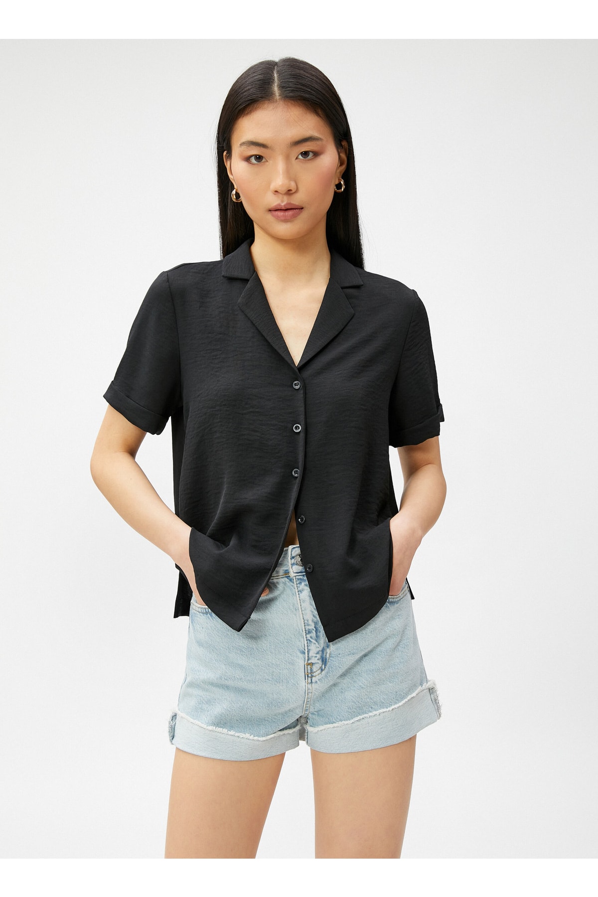Koton Women's Shirt Collar Striped Black Shirt 3sak60021pw