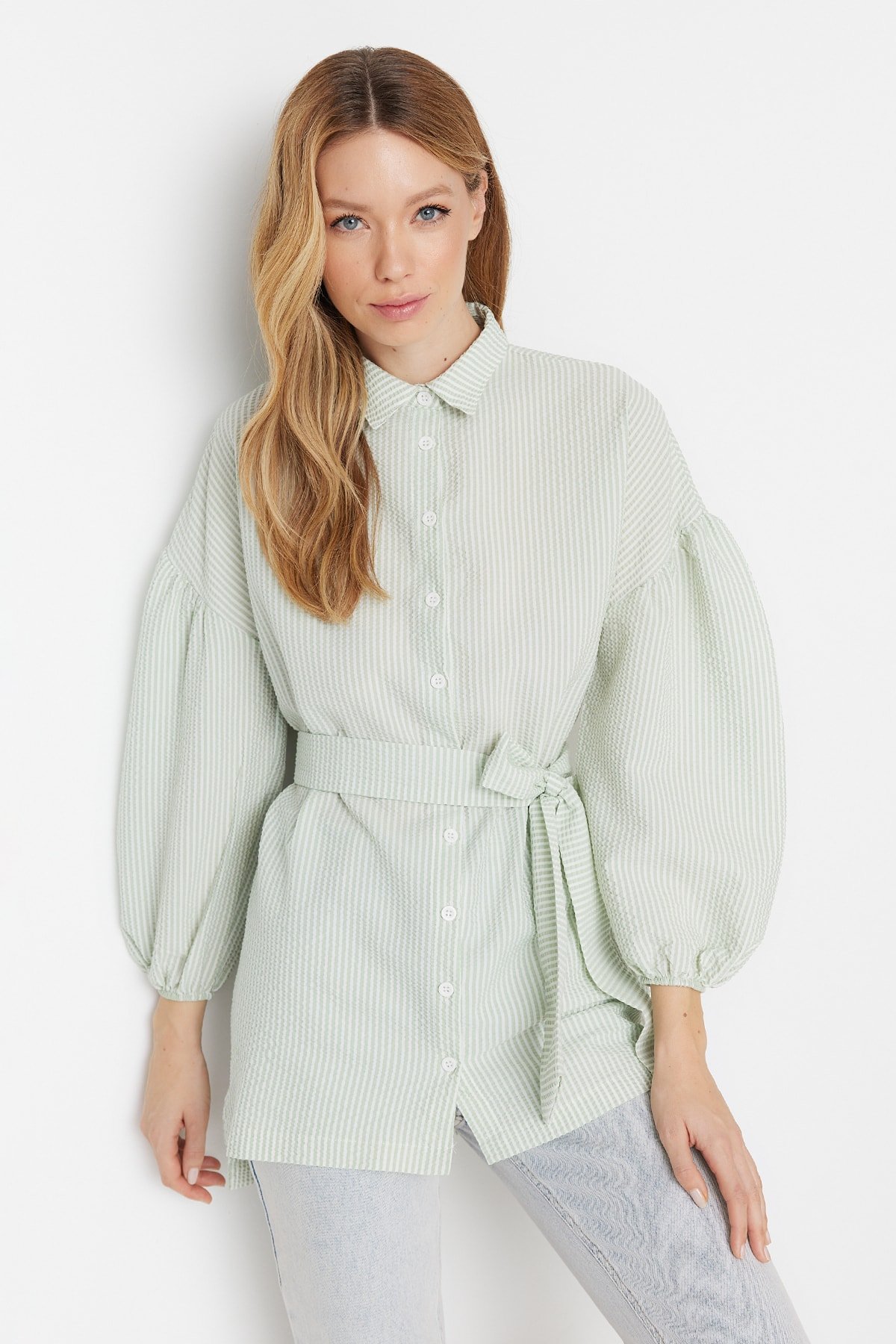 Trendyol Green Striped Belted Balloon Behind the Sleeves Long Woven Shirt